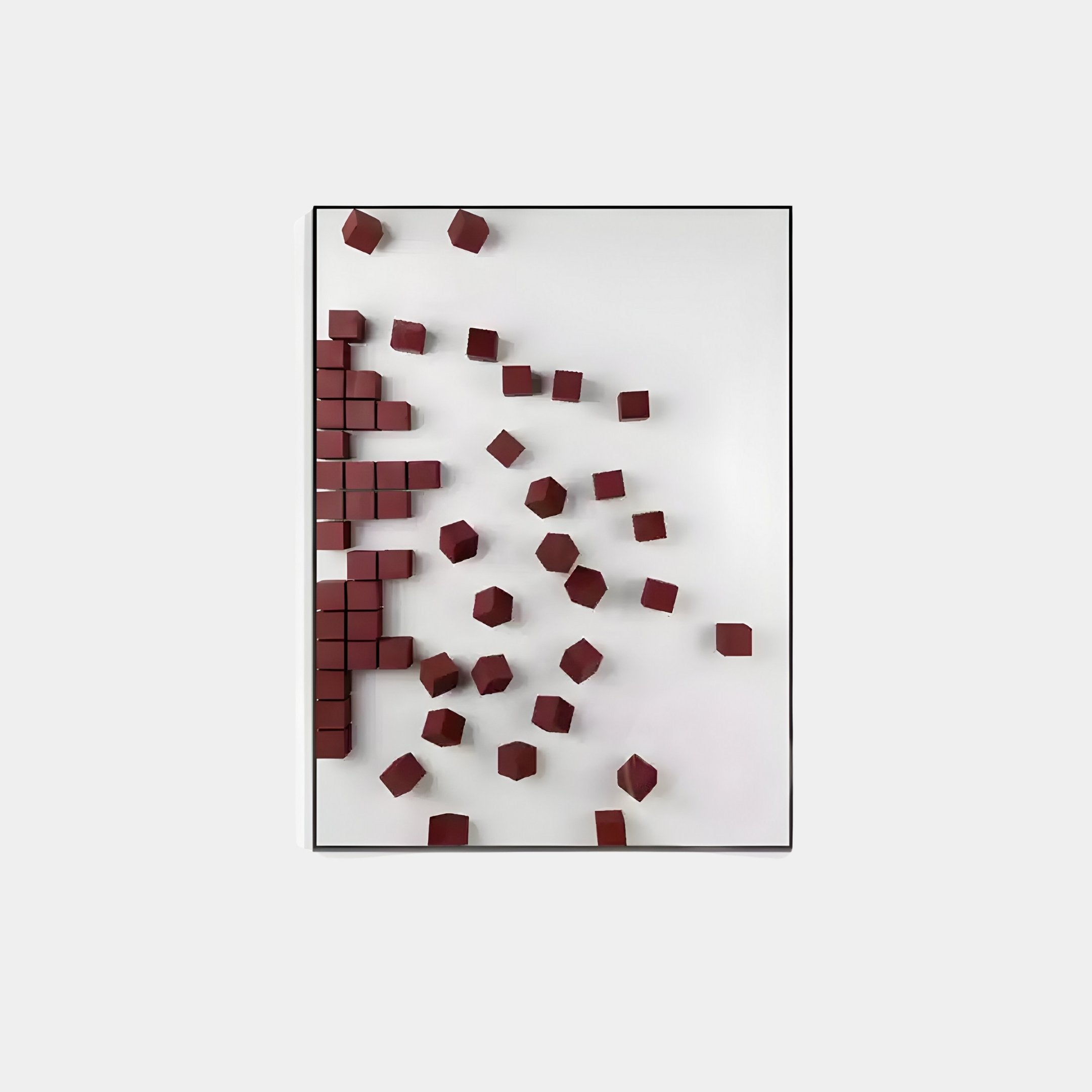 The Fragmenta Red Wooden Cube Scatter On White Canvas 3D Wall Art by Giant Sculptures features a dynamic design of red wooden cubes meticulously stacked on the left and scattered on the right, creating a striking contrast of order and chaos, perfect for contemporary interiors.