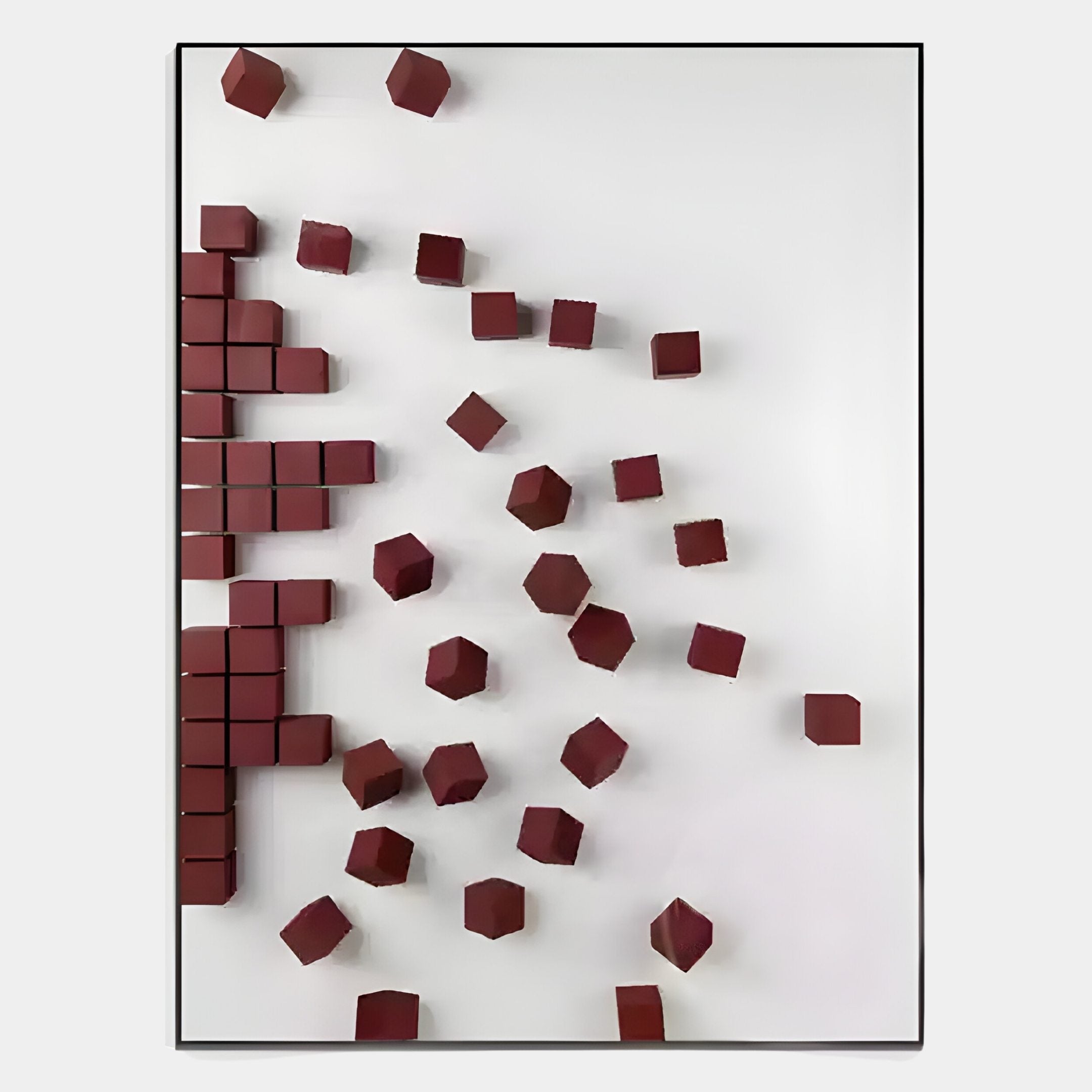 The Fragmenta Red Wooden Cube Scatter On White Canvas 3D Wall Art by Giant Sculptures features red wooden cubes stacked on the left, dispersing across a white canvas—an ideal modern accent for contemporary interiors.