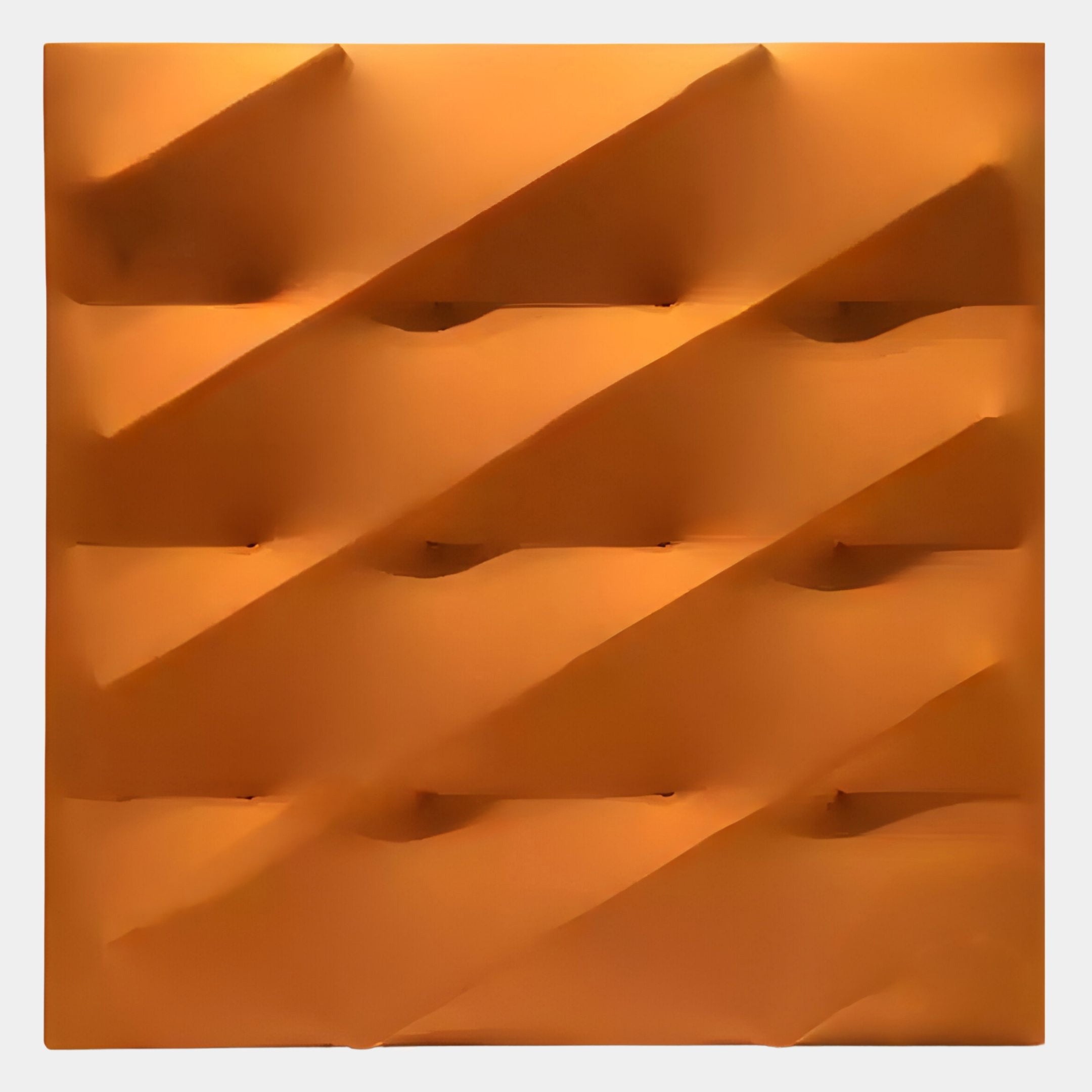 The Verto Vibrant Orange Stretch Fabric Layered Wooden 3D Wall Art by Giant Sculptures features diagonal, evenly spaced ridges in bold orange, with soft lighting highlighting its geometric texture and depth.
