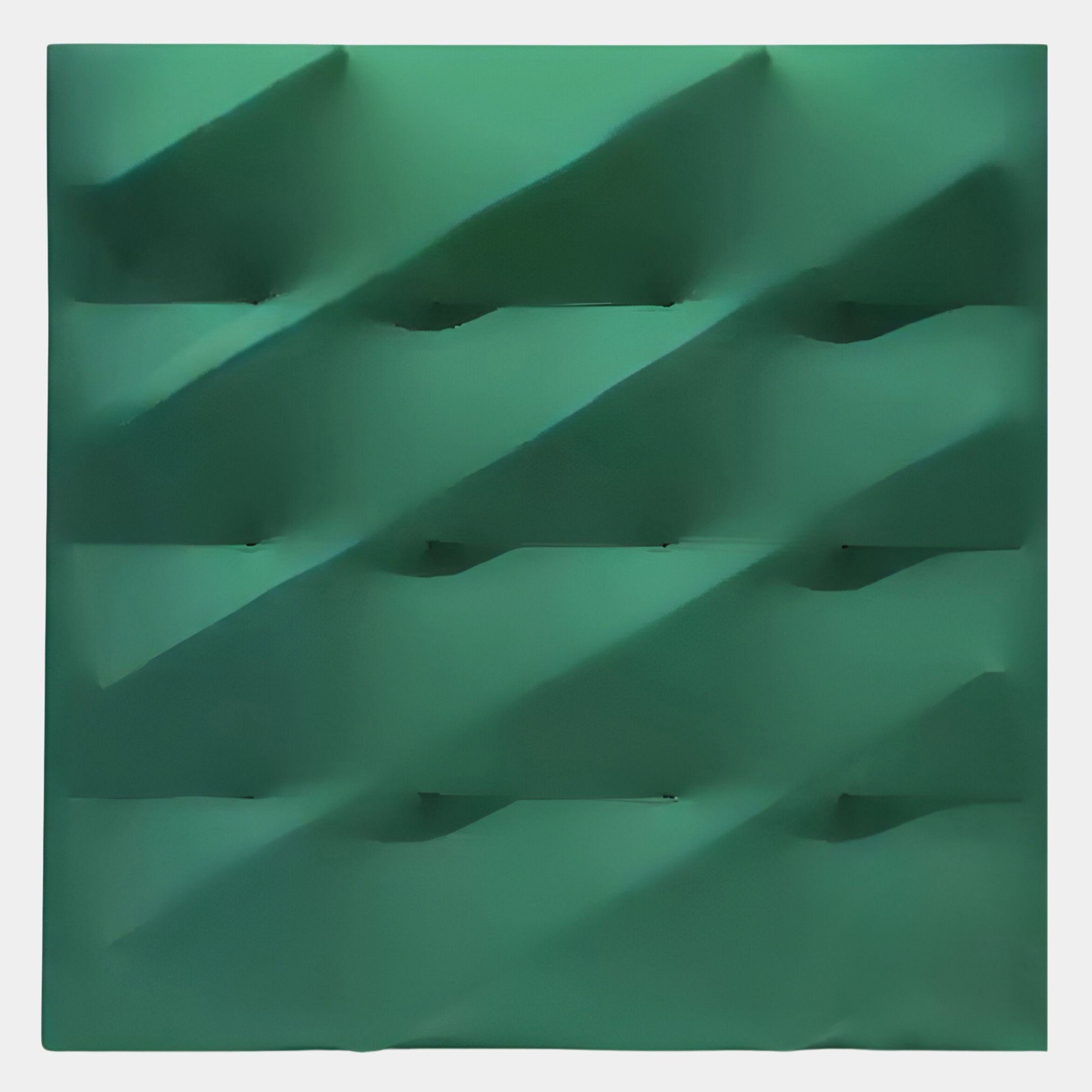 The Verto Emerald Green Stretch Fabric Layered Wooden 3D Wall Art by Giant Sculptures features a square panel with raised diagonal ridges and indented sections, creating striking geometric wall decor with a bold three-dimensional pattern.