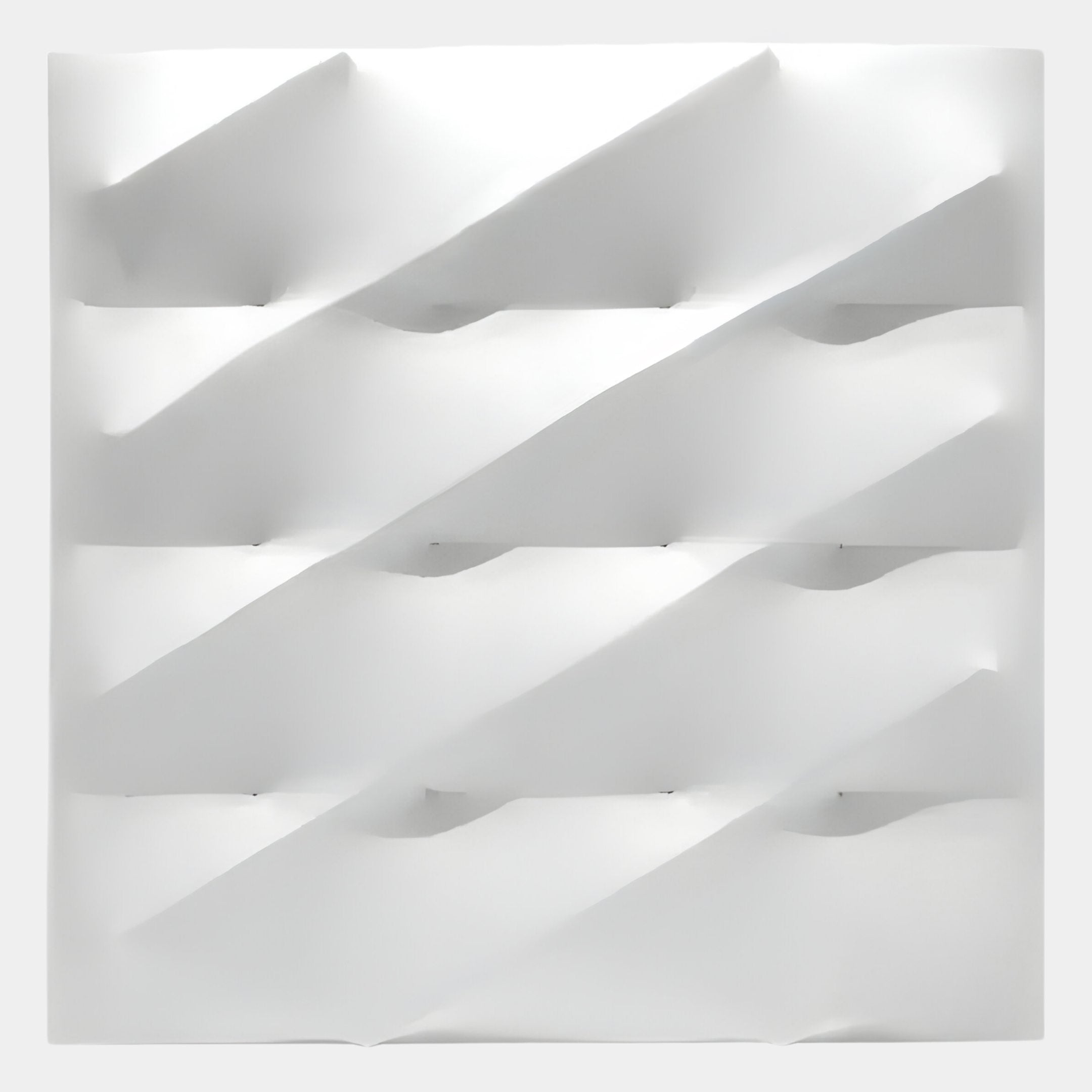 The Verto White Stretch Fabric Layered Wooden 3D Wall Art by Giant Sculptures features diagonal geometric ridges and folds, creating striking minimalist decor with alternating light and shadow—ideal for contemporary spaces.