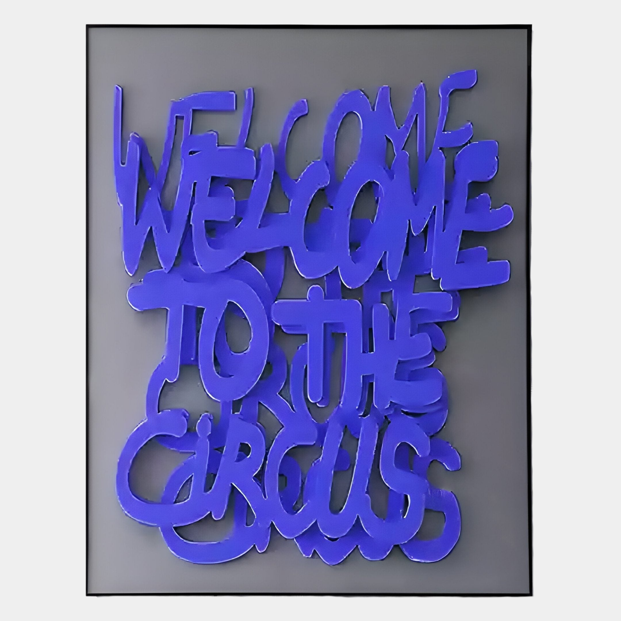 Giant Sculptures’ Urbanic Blue Welcome Script 3D Wooden Graffiti Wall Art features bold, layered blue letters spelling “WELCOME” on gray, blending playful graffiti style with a modern urbanic vibe.