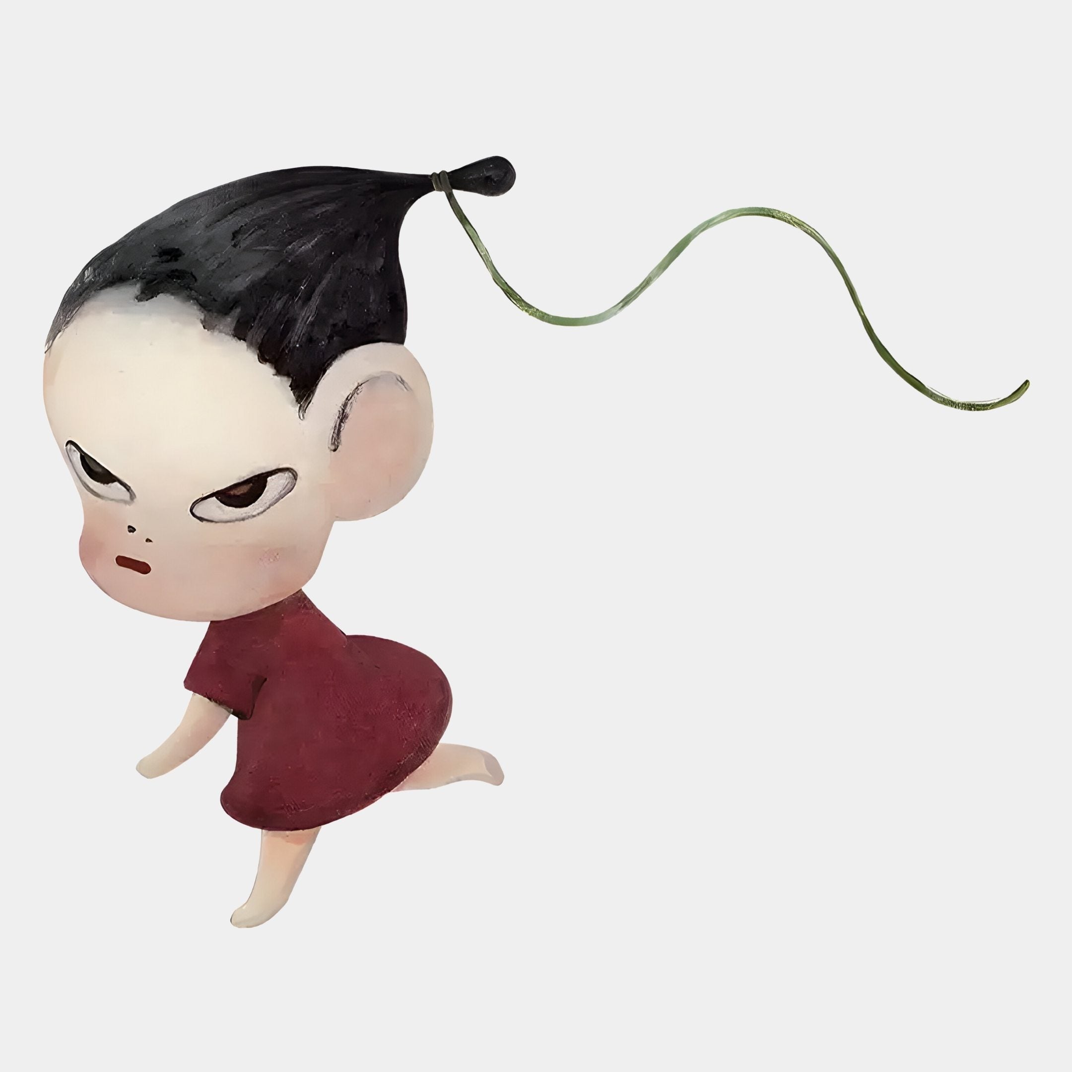 The Enigmo Playful Cartoon Character Wooden Wall Art by Giant Sculptures features a stylized, dynamic Japanese cartoon character with pale skin, oversized head, narrowed eyes, maroon dress, and black high ponytail.