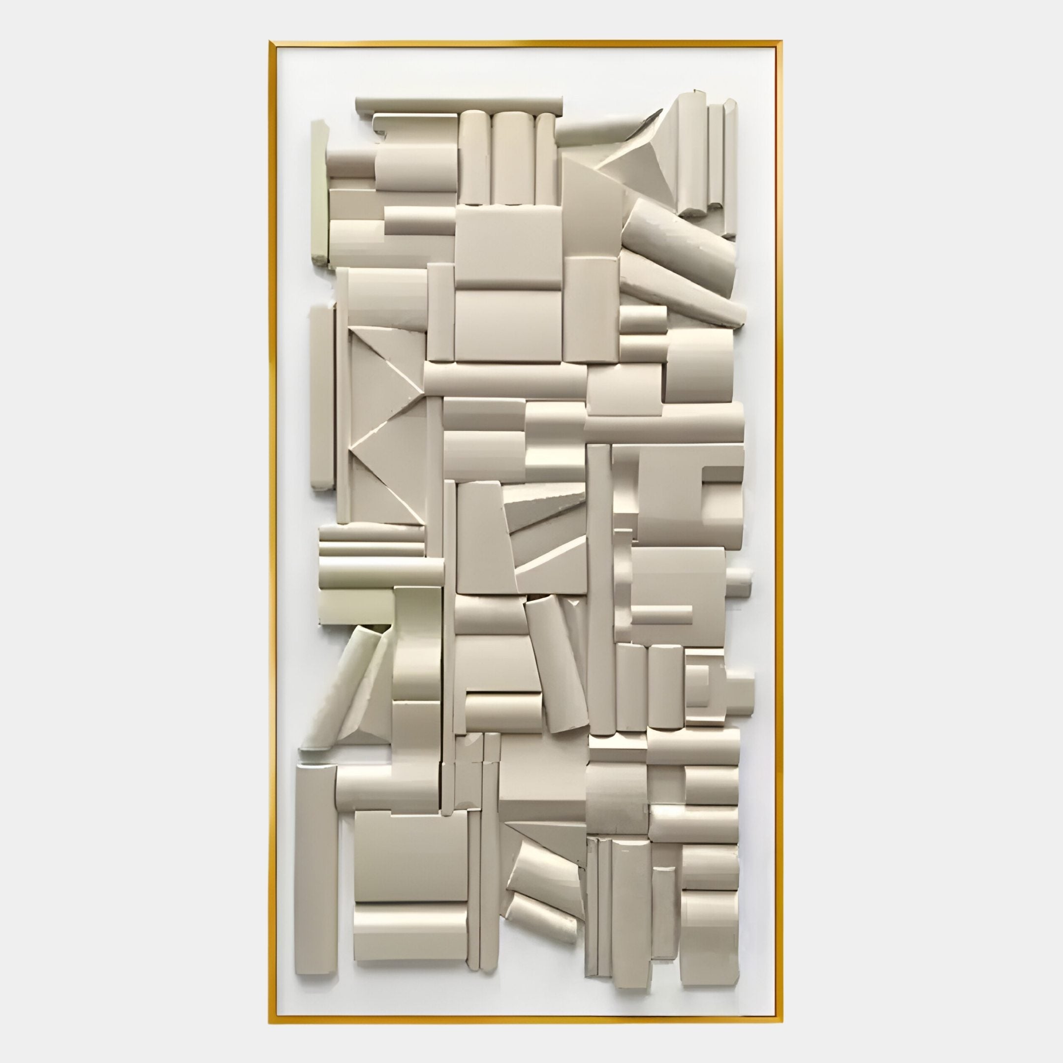 The Forma Cream Geometric 3D Wooden Vertical Wall Art by Giant Sculptures features off-white rectangular and cylindrical shapes in a gold frame, creating a textured, modern look ideal for contemporary interiors.