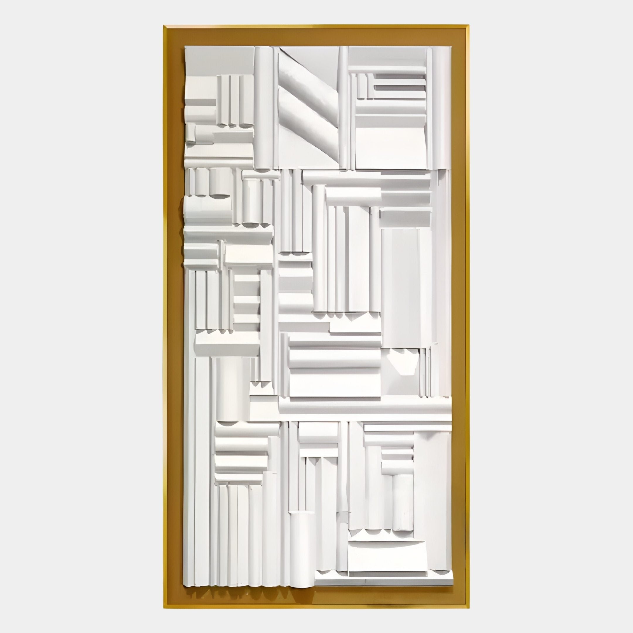 The Forma Gold-Frame White Geometric 3D Wooden Vertical Wall Art by Giant Sculptures features layered white panels with ridges, curves, and linear patterns, all set in a sleek gold frame against a light gray background.