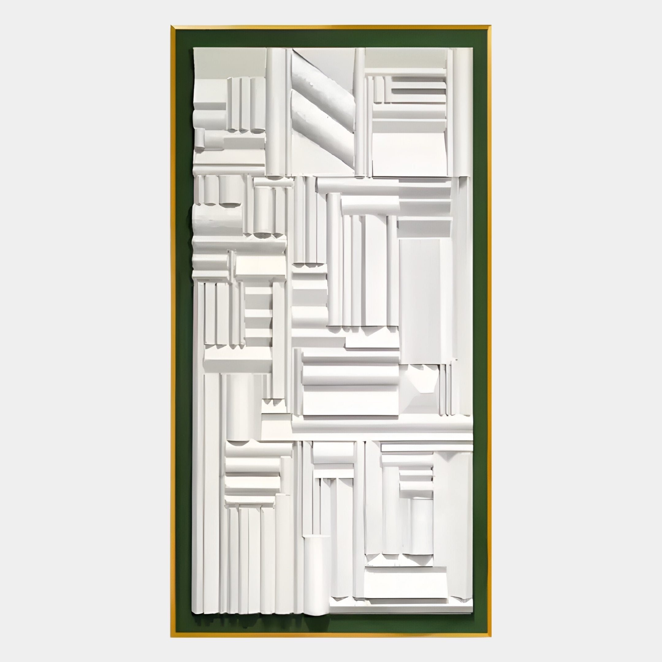The Forma Blue-Frame White Geometric 3D Wooden Vertical Wall Art by Giant Sculptures features layered white shapes on a dark background, bordered by a sleek blue frame—an ideal accent for modern home decor.