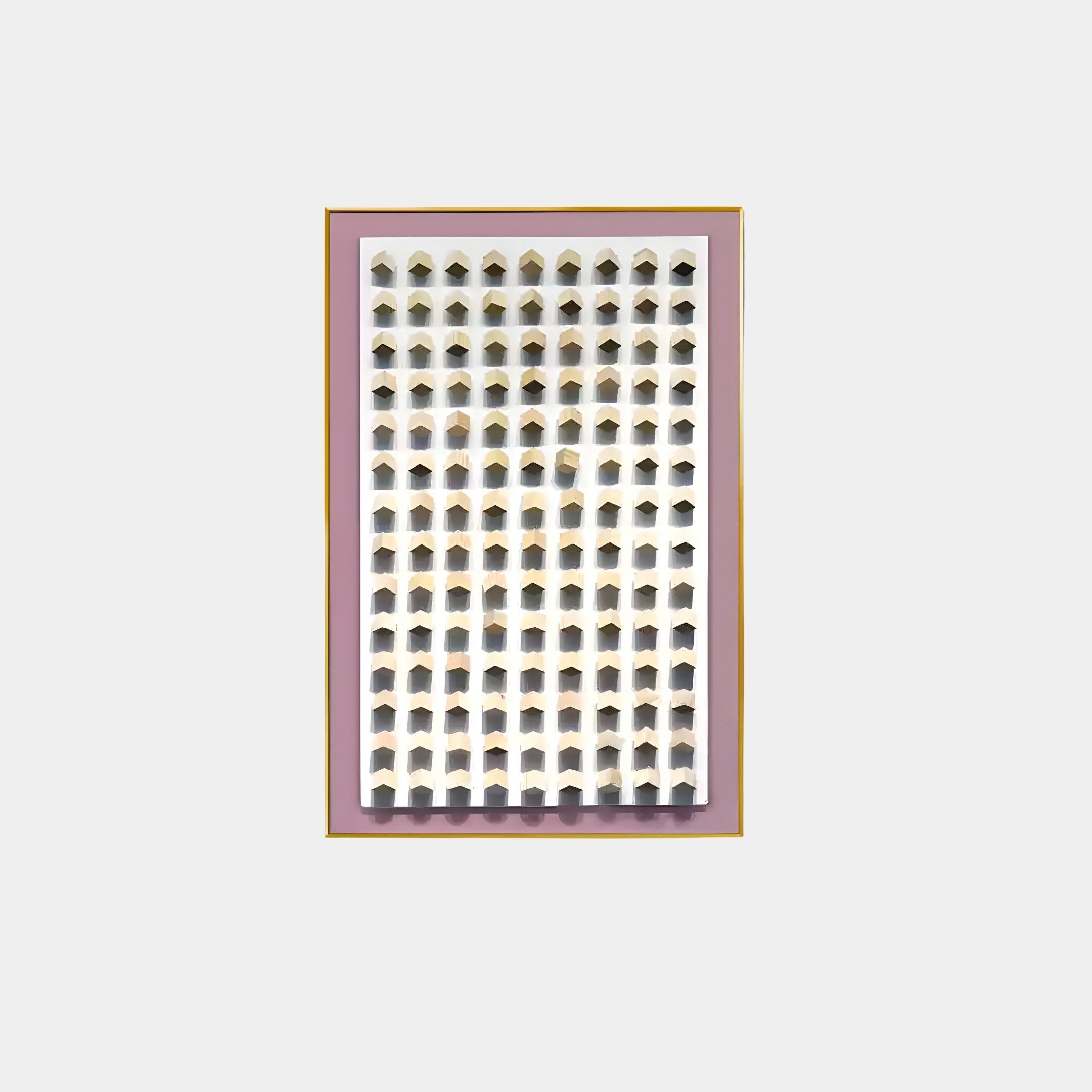 The Artiora Pink Edge & Wood Block Modular Grid 3D Wall Art by Giant Sculptures features a rectangular design with white geometric shapes, black shadows on a light purple background, and is enhanced with a gold border.