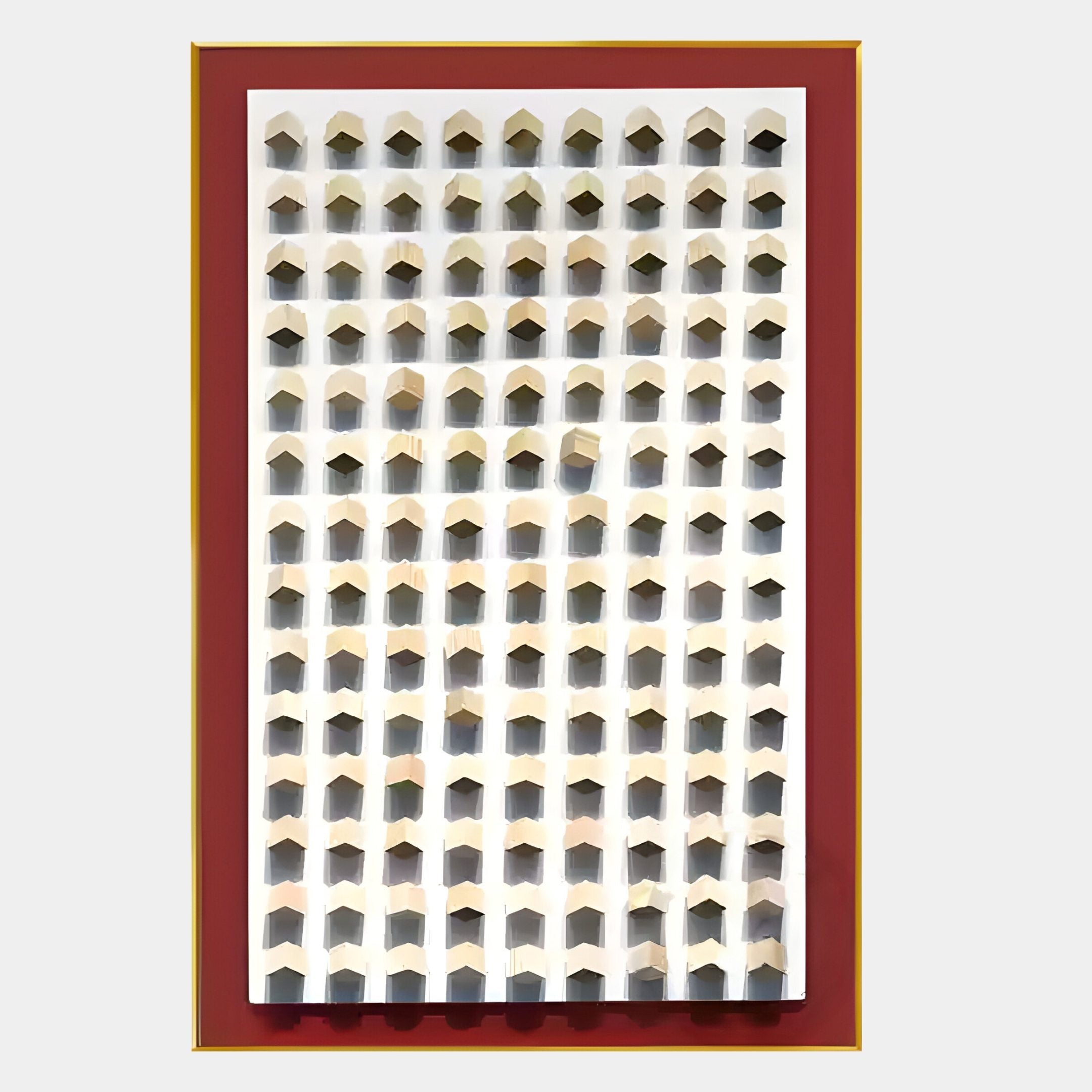 The Artiora Red Edge & Wood Block Modular Grid 3D Wall Art by Giant Sculptures features a grid of 3D white open cubes casting shadows on a red background with a yellow border, creating a striking geometric pattern.