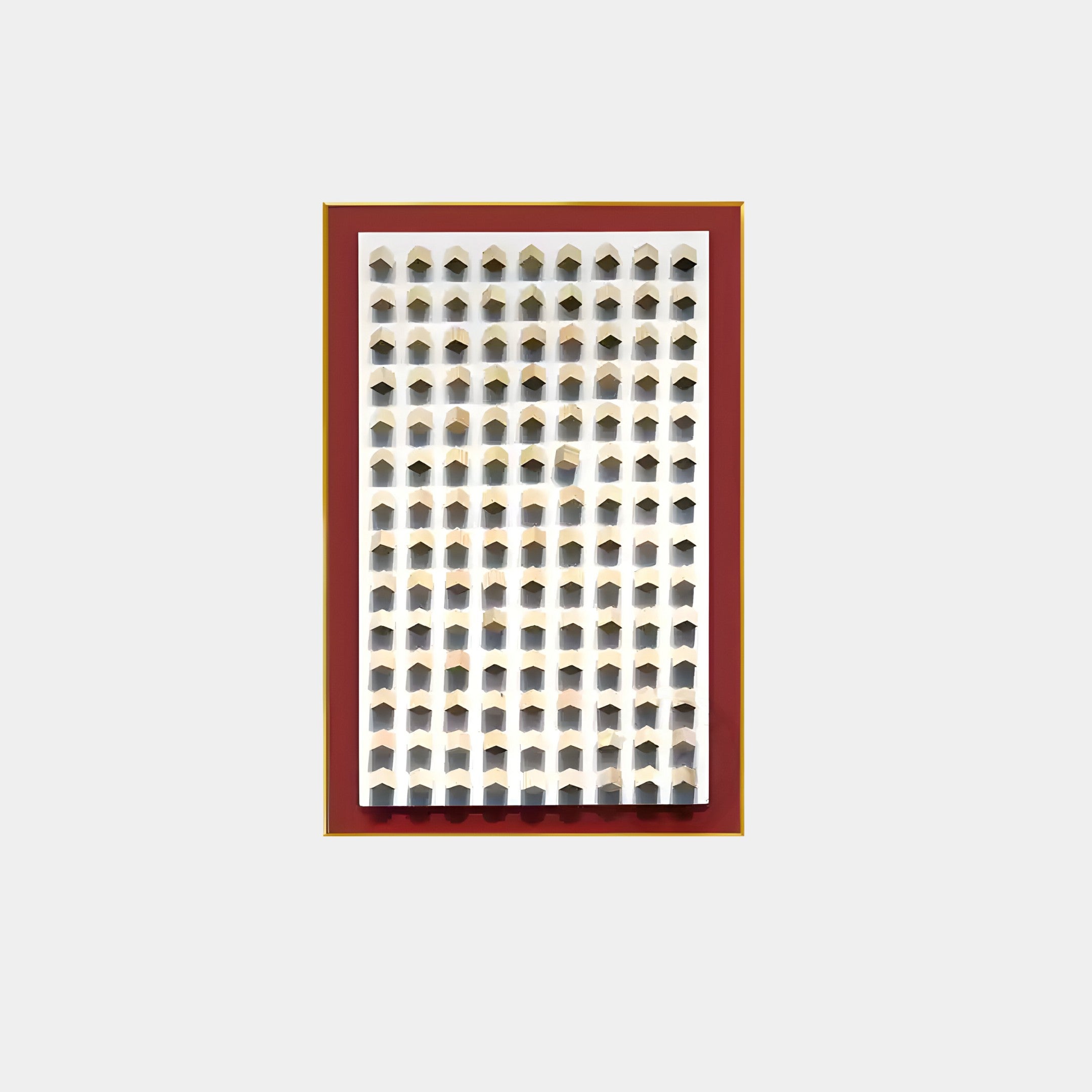 The Artiora Red Edge & Wood Block Modular Grid 3D Wall Art by Giant Sculptures features a geometric design of 3D patterns like small arches or tunnels on a white background, perfectly paired with a deep brown frame.