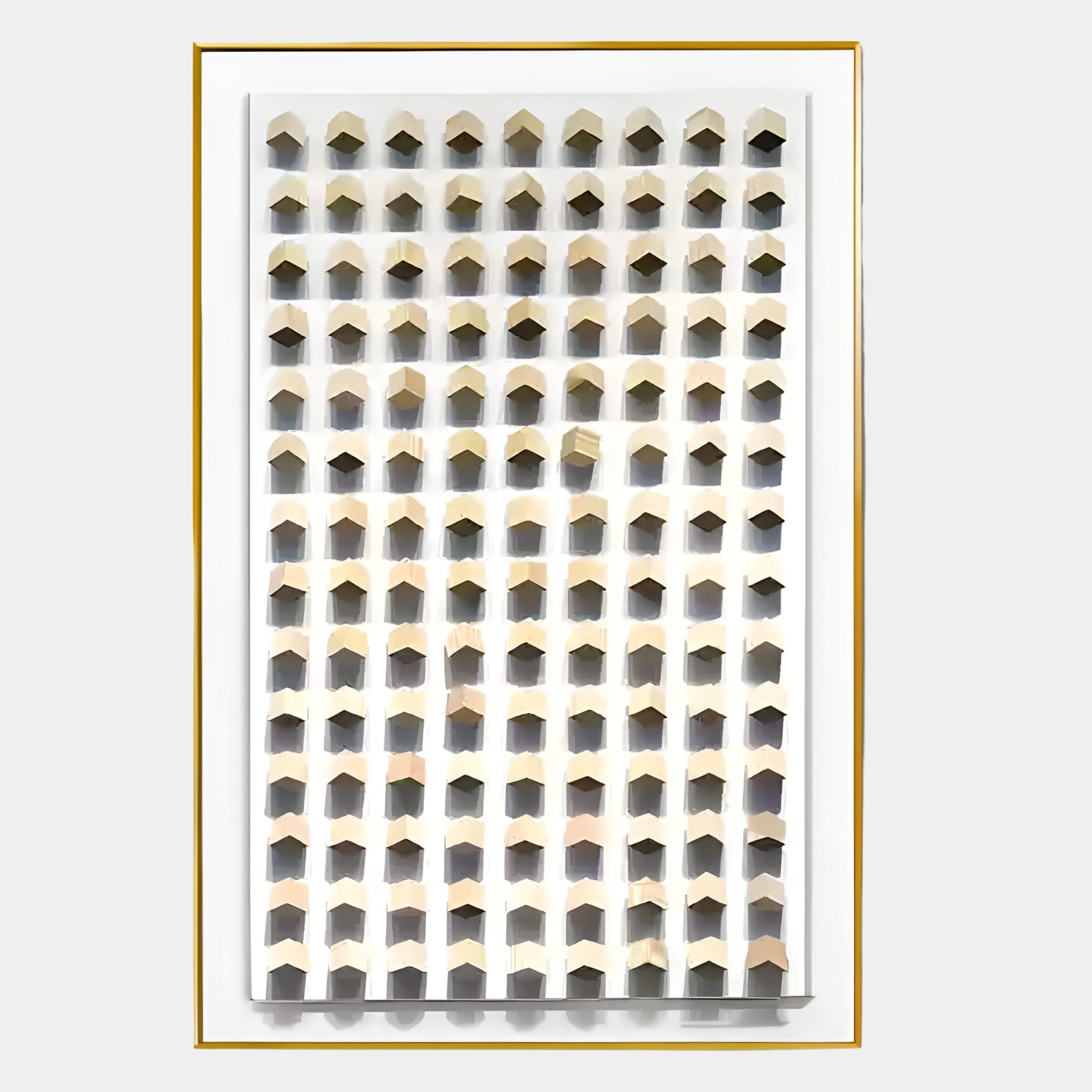 The Artiora Wood Block Modular Grid 3D Wall Art by Giant Sculptures features a grid of small, house-shaped cutouts that cast soft shadows on a white background, all within a rectangular frame with a thin gold border.