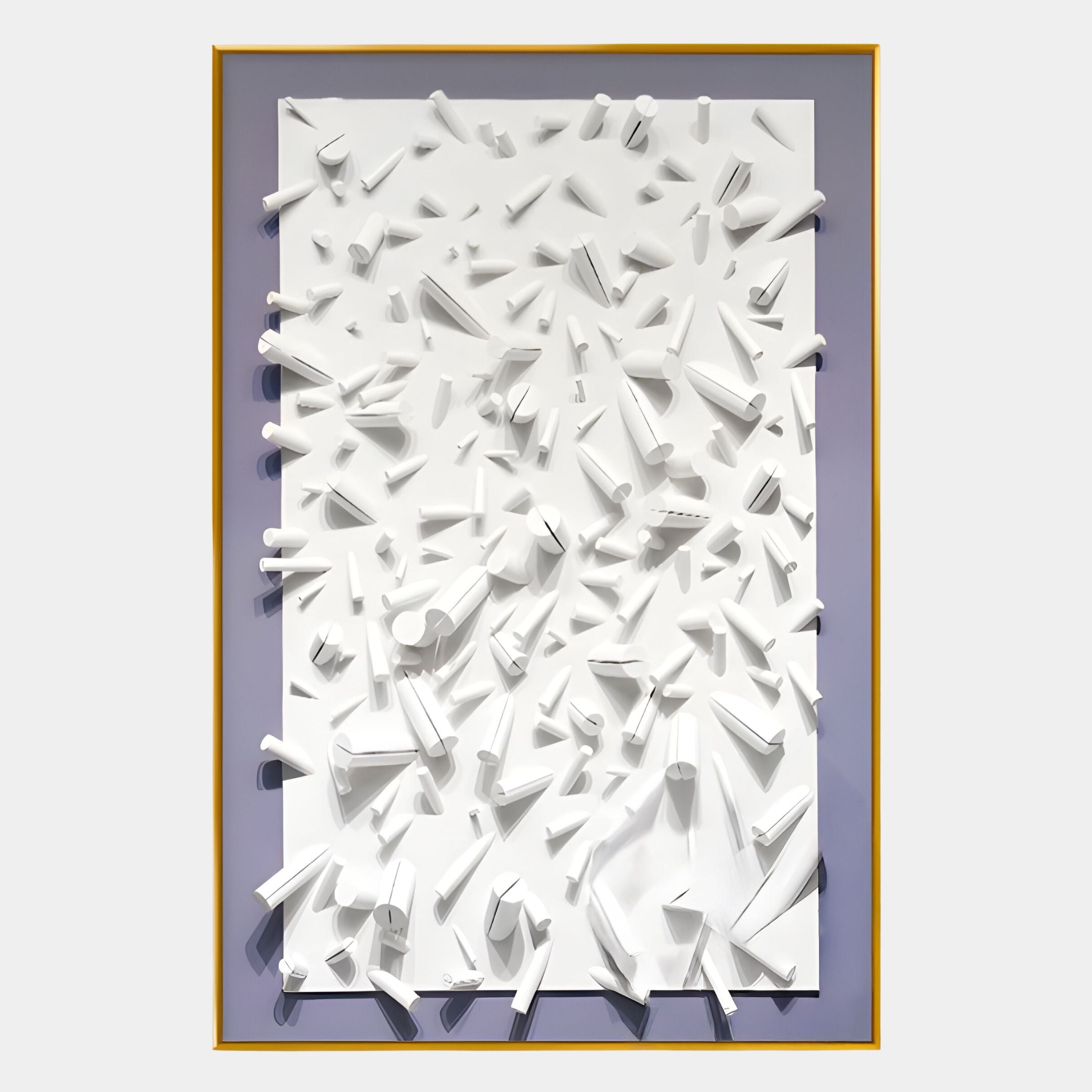 The Artiora Soft Purple Edge & White Abstract Wooden Shard 3D Wall Art by Giant Sculptures features a white rectangular canvas with abstract geometric shapes and wooden shards, set against a soft purple edge background.