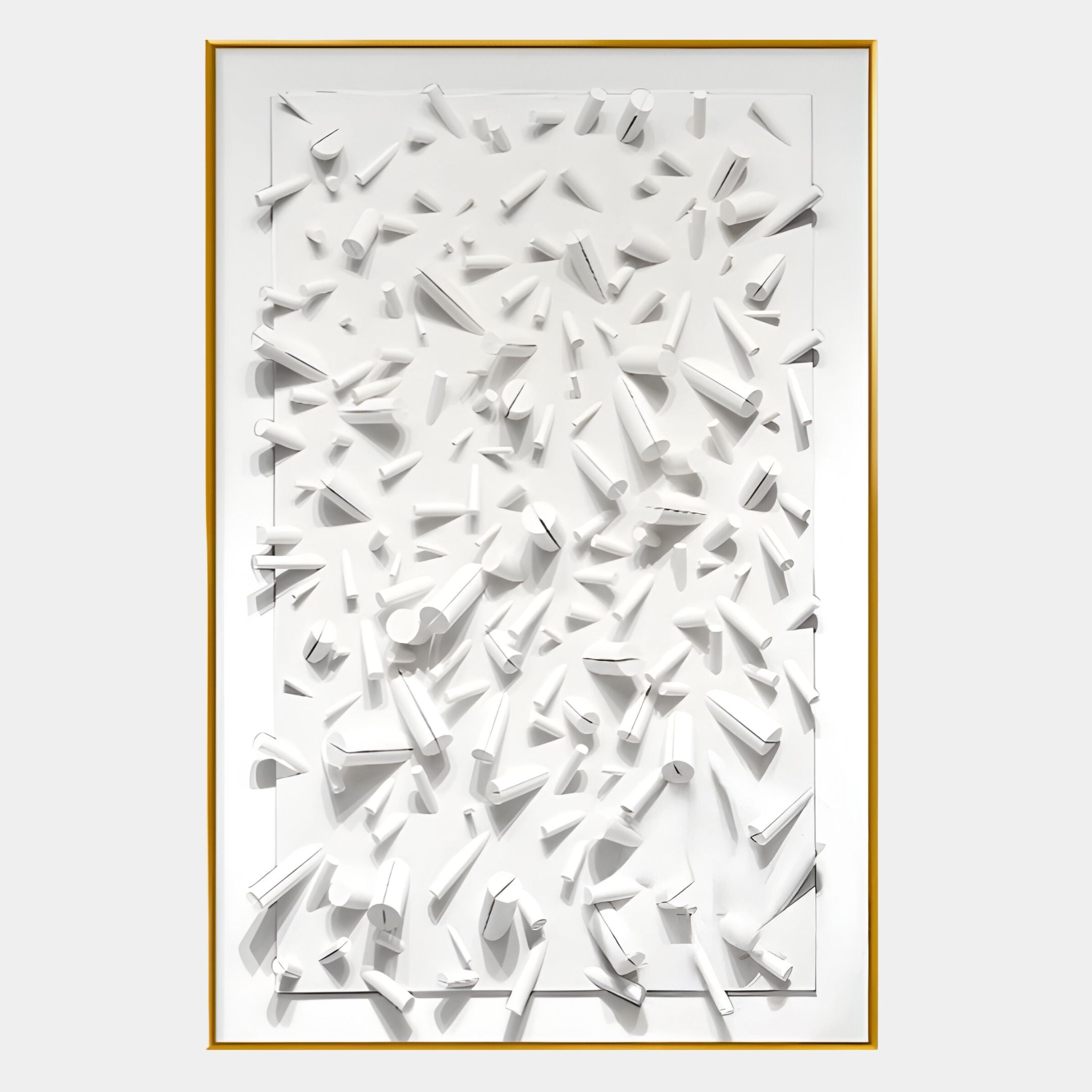 The Artiora White Abstract Wooden Shard 3D Wall Art by Giant Sculptures features randomly arranged geometric wooden shards on a white background, all encased in a slim gold frame.