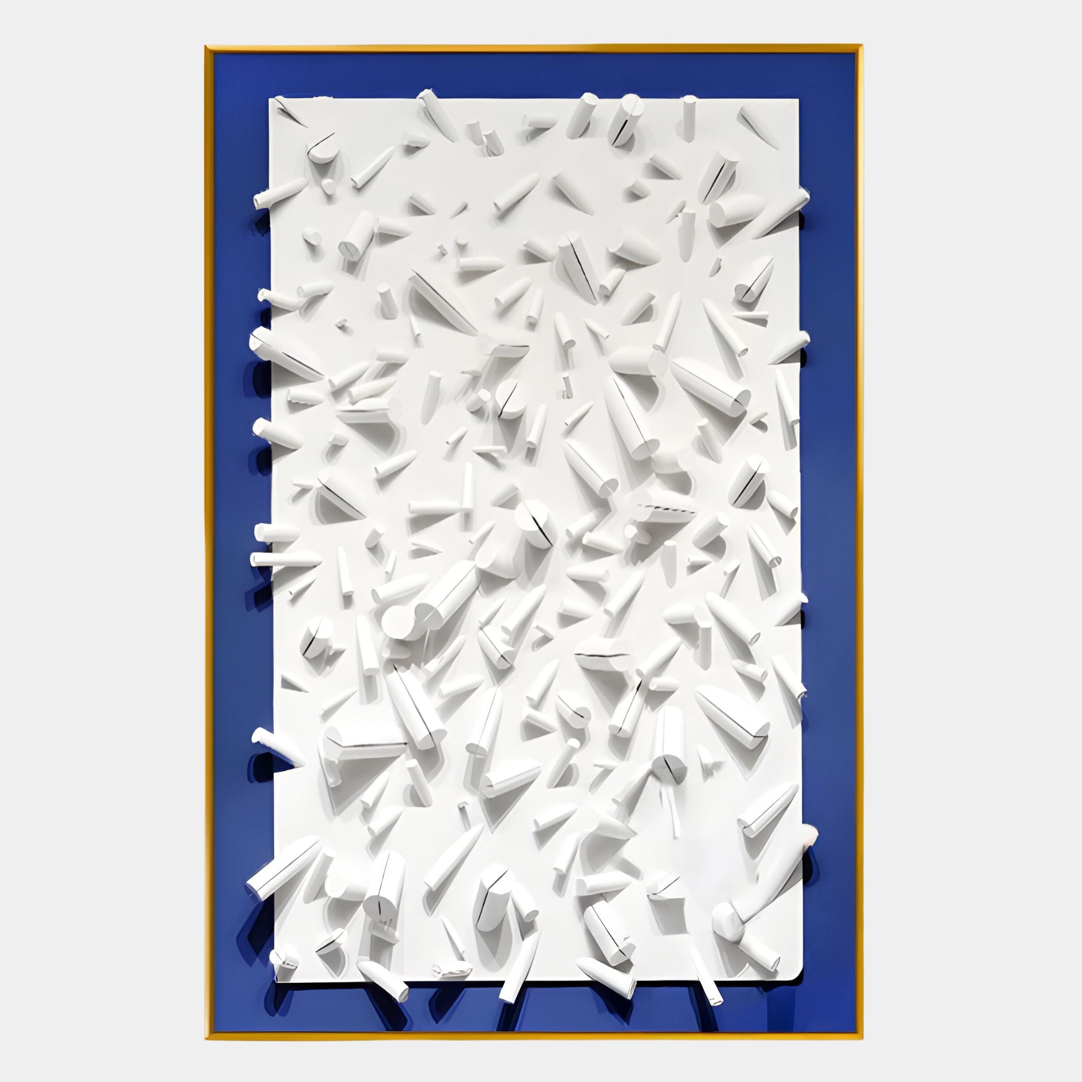 The Artiora Blue Edge & White Abstract Wooden Shard 3D Wall Art by Giant Sculptures features white geometric forms on a blue background with a slim gold frame—perfect for adding modern, minimalist style to your space.