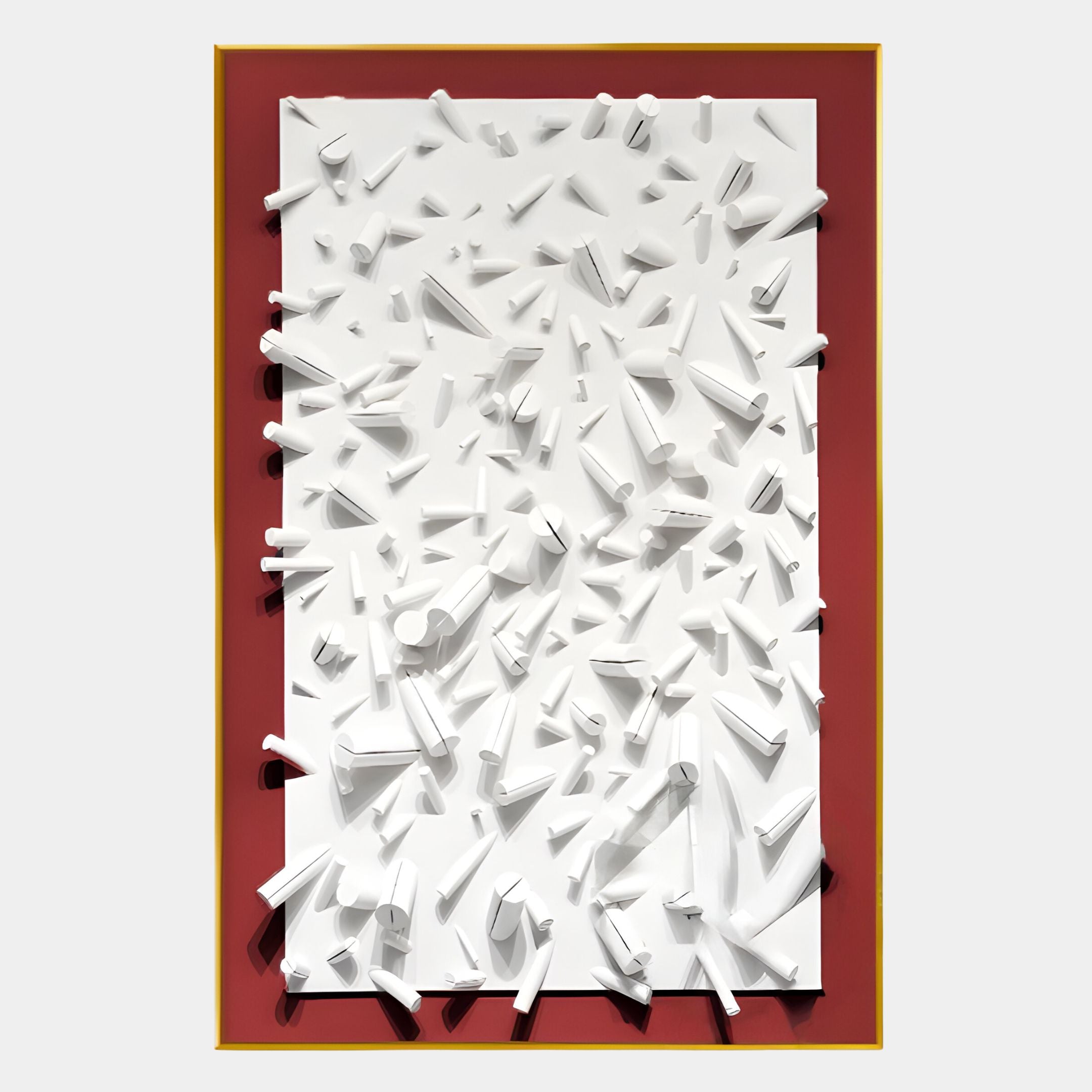 The Artiora Red Edge & White Abstract Wooden Shard 3D Wall Art by Giant Sculptures features a white rectangular panel with geometric protrusions, set on a red background and finished with a slim gold border.