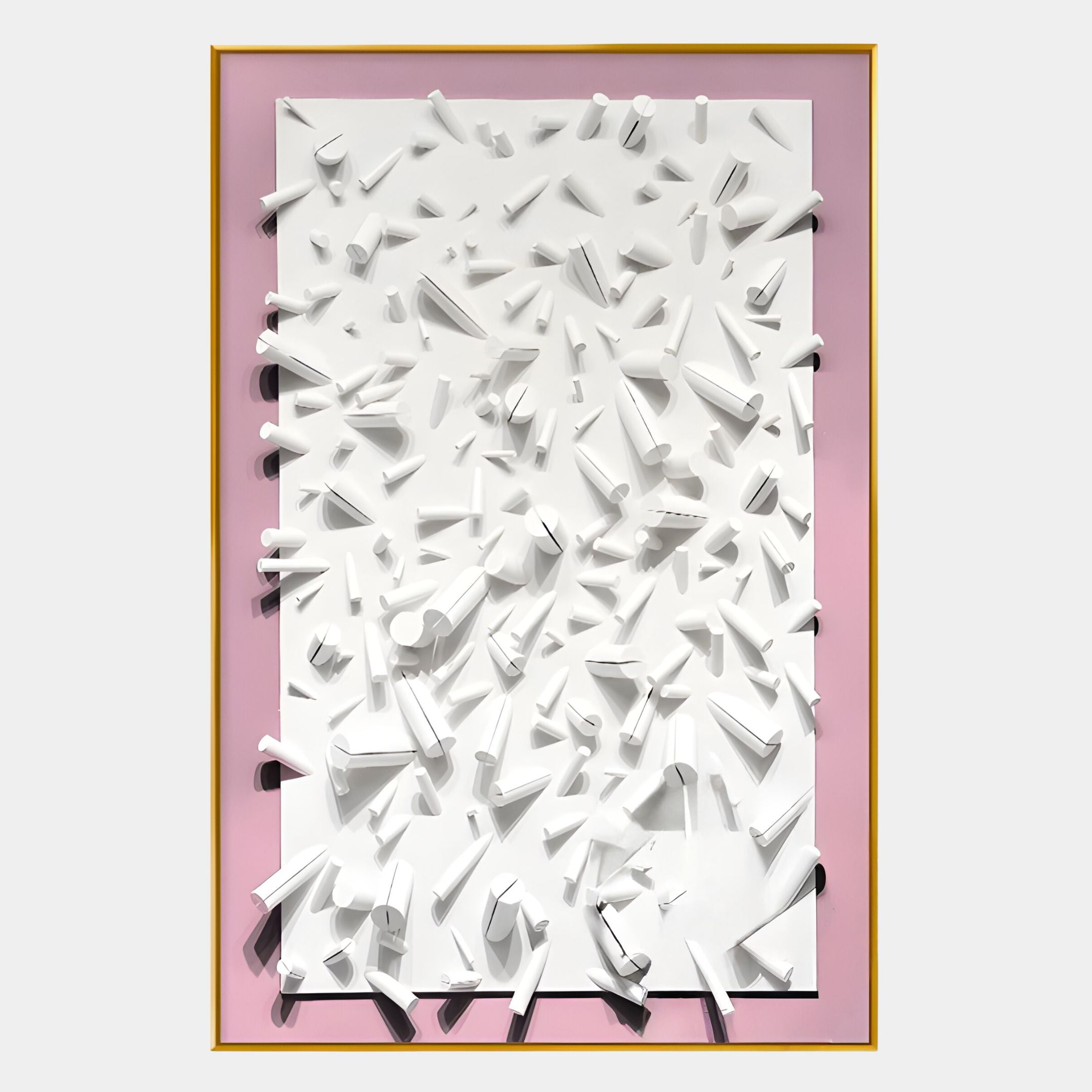 The Giant Sculptures Artiora Pink Edge & White Abstract Wooden Shard 3D Wall Art features layered white shards with a pink edge, creating soft shadows and a textured, abstract look for modern spaces.
