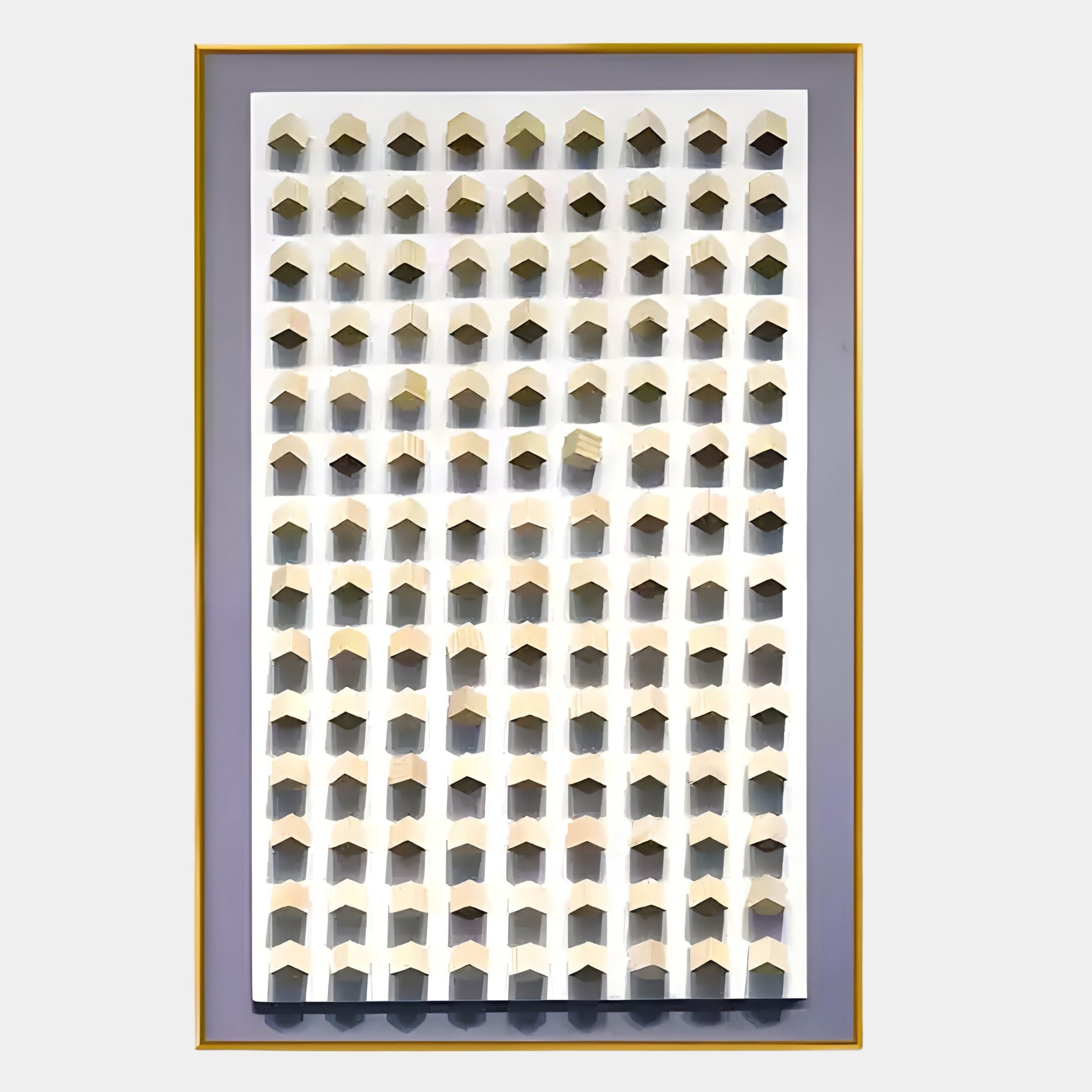 The Artiora Soft Purple Edge & Wood Block Modular Grid 3D Wall Art by Giant Sculptures features a framed grid of white wooden blocks, each resembling a stylized open box, casting unique shadows on a soft purple-edged light gray backdrop.