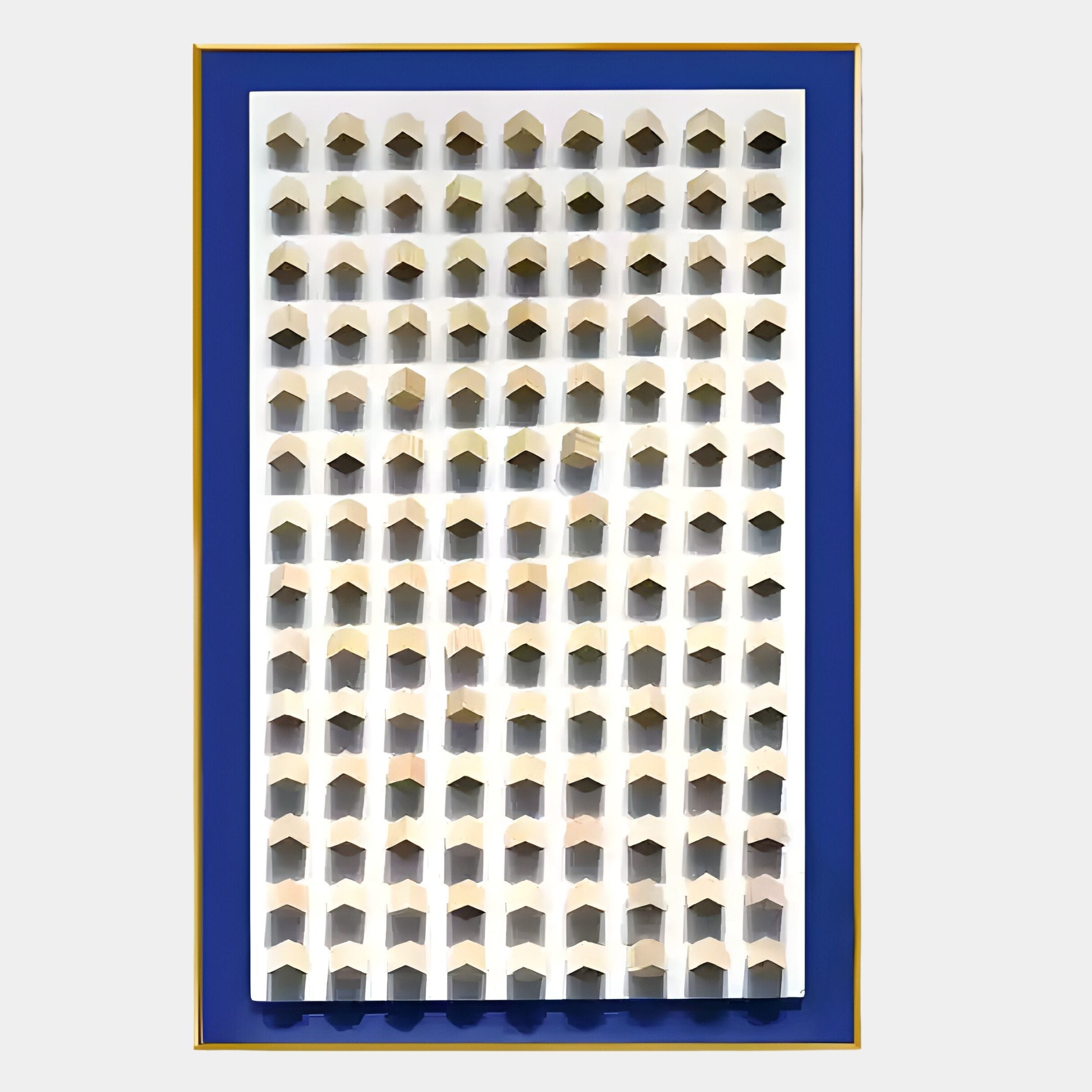 The Giant Sculptures Artiora Blue Edge & Wood Block Modular Grid 3D Wall Art showcases a blue frame and a grid of white 3D geometric shapes on a white background, adding striking pattern and depth to your space.