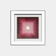 The Viretta Red Gradient Pyramid Textured 3D Wooden Wall Art by Giant Sculptures features a framed grid of small, three-dimensional pyramid tiles in red and pink gradients, creating striking depth and a glowing center.