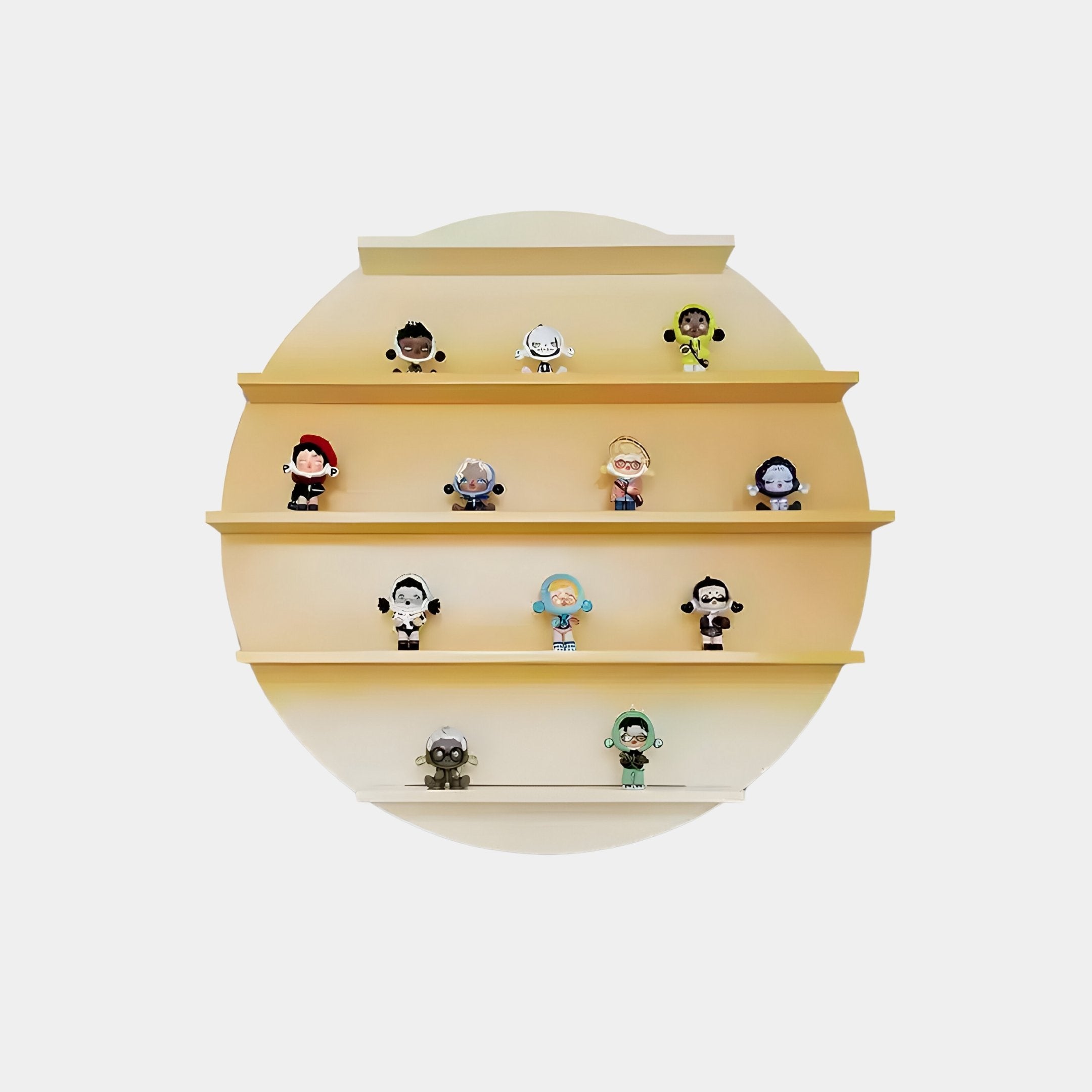 The Orbis Yellow Circular Multi-Tier Decorative Shelf by Giant Sculptures showcases 12 random, colorful figurines with unique designs, evenly spaced on three levels against a plain white background.