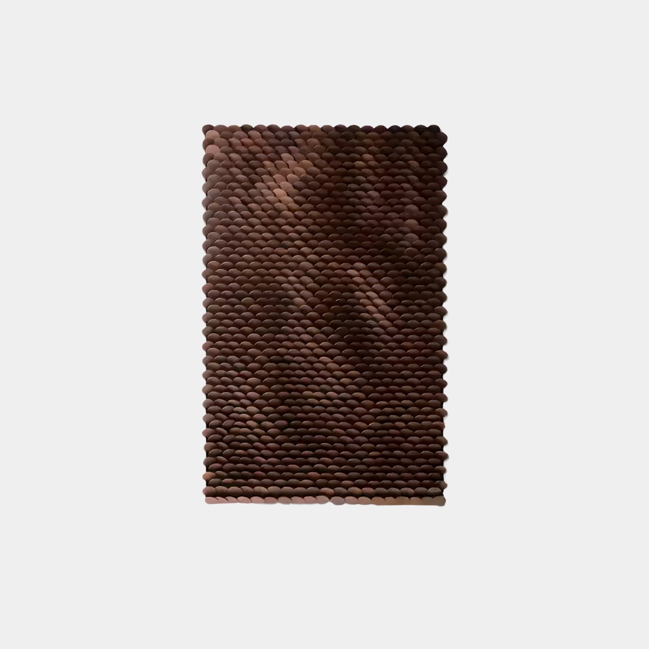 The Serica Brown Scale Textured Vertical 3D Wooden Wall Art by Giant Sculptures is a rectangular piece featuring densely packed, small, round, dark brown beads forming a scale pattern on a plain white background for natural inspiration.