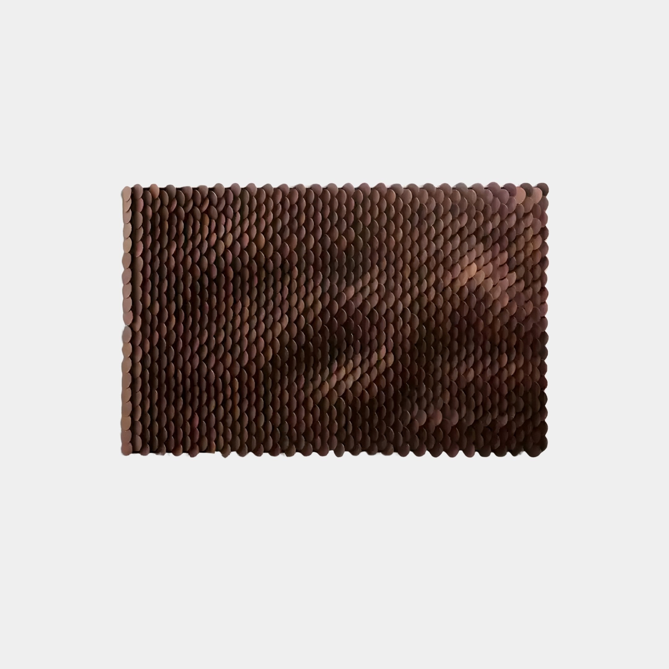 The Serica Brown Scale Textured Horizontal 3D Wooden Wall Art by Giant Sculptures features an organic design of small, dark brown circular discs forming a wavy pattern on a light gray background.