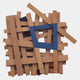 The Lignos Blue Accent Layered Wooden Strips 3D Wall Art by Giant Sculptures features interwoven wooden strips with blue accents in a modern, irregular crisscross pattern on a white background.