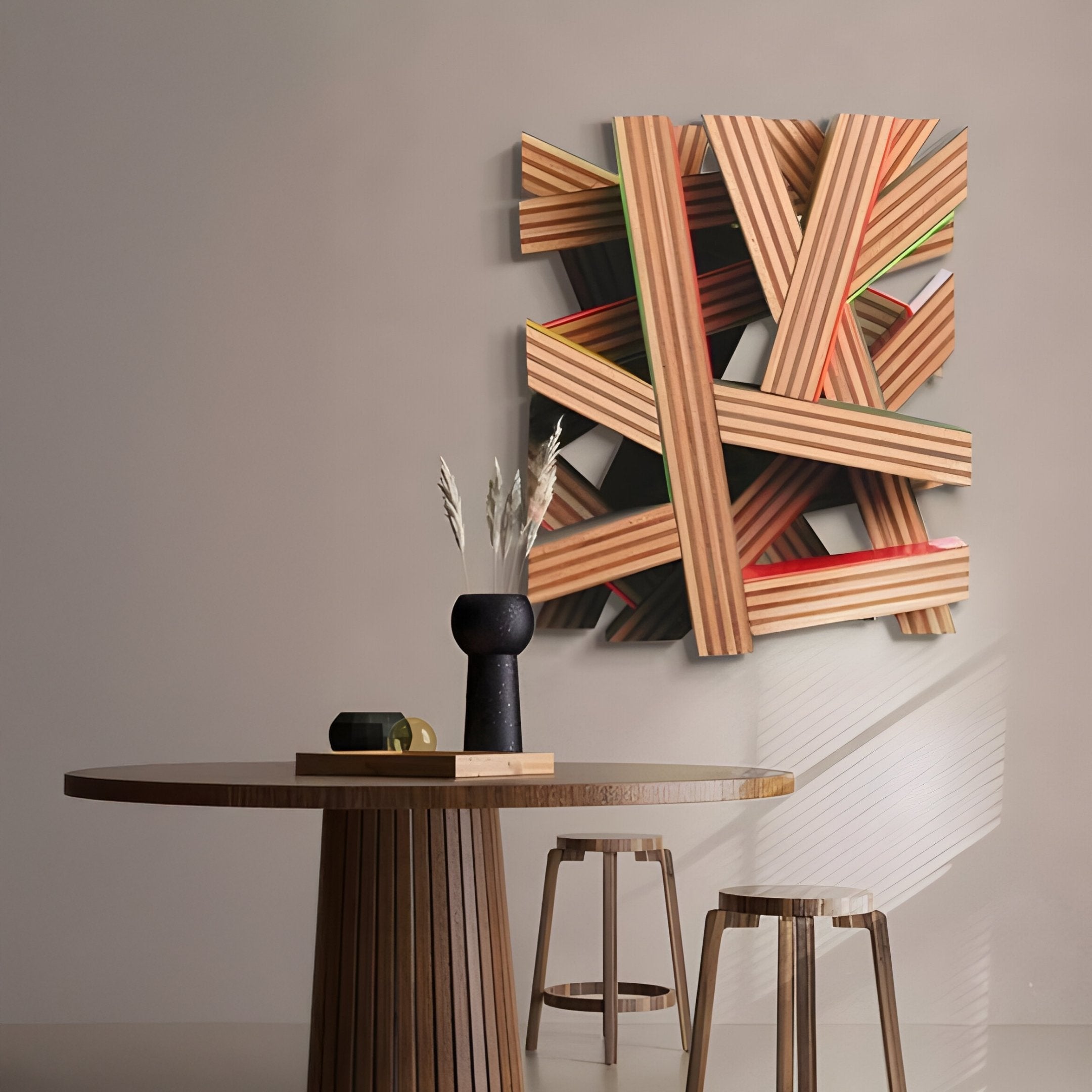 A modern interior features a round wooden table with matching stools. A black vase with dried branches decorates the table, while the wall showcases the Giant Sculptures Lignos 3D Wall Art, featuring abstract wooden strips. Soft light casts shadows to enhance its multicolour highlights.