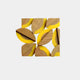 The Lignos Yellow Accent Wooden Leaf Motif 3D Wall Art by Giant Sculptures displays a geometric pattern with bright yellow segments in a symmetrical square, creating striking wall art against a plain background.