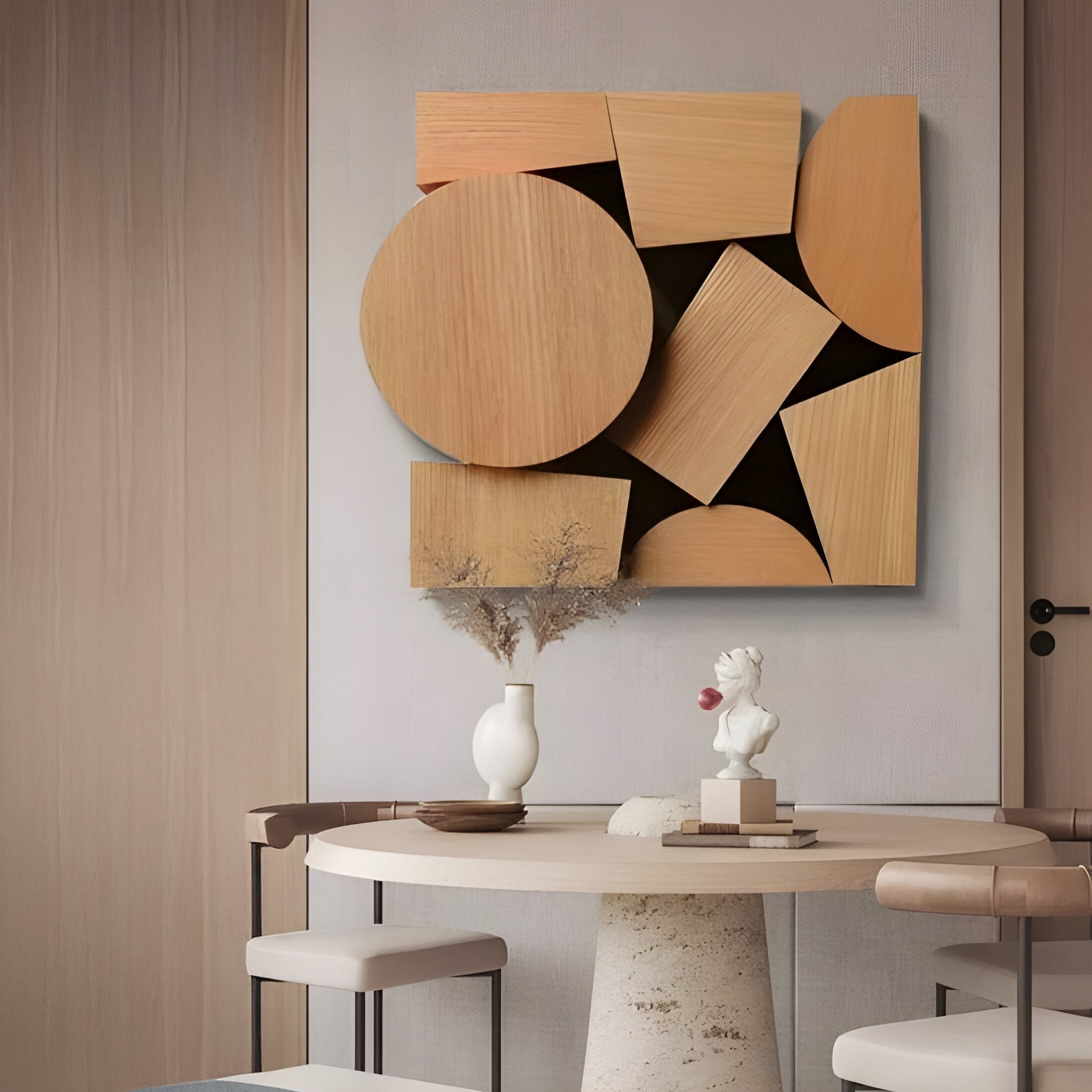 A modern dining area features a round table with minimalist chairs. On the table are a white vase with dried flowers and a small abstract sculpture. The rooms focal point is the Lignos Wooden Circles & Squares Geometric 3D Wall Art from Giant Sculptures, showcasing natural wood grain charm.