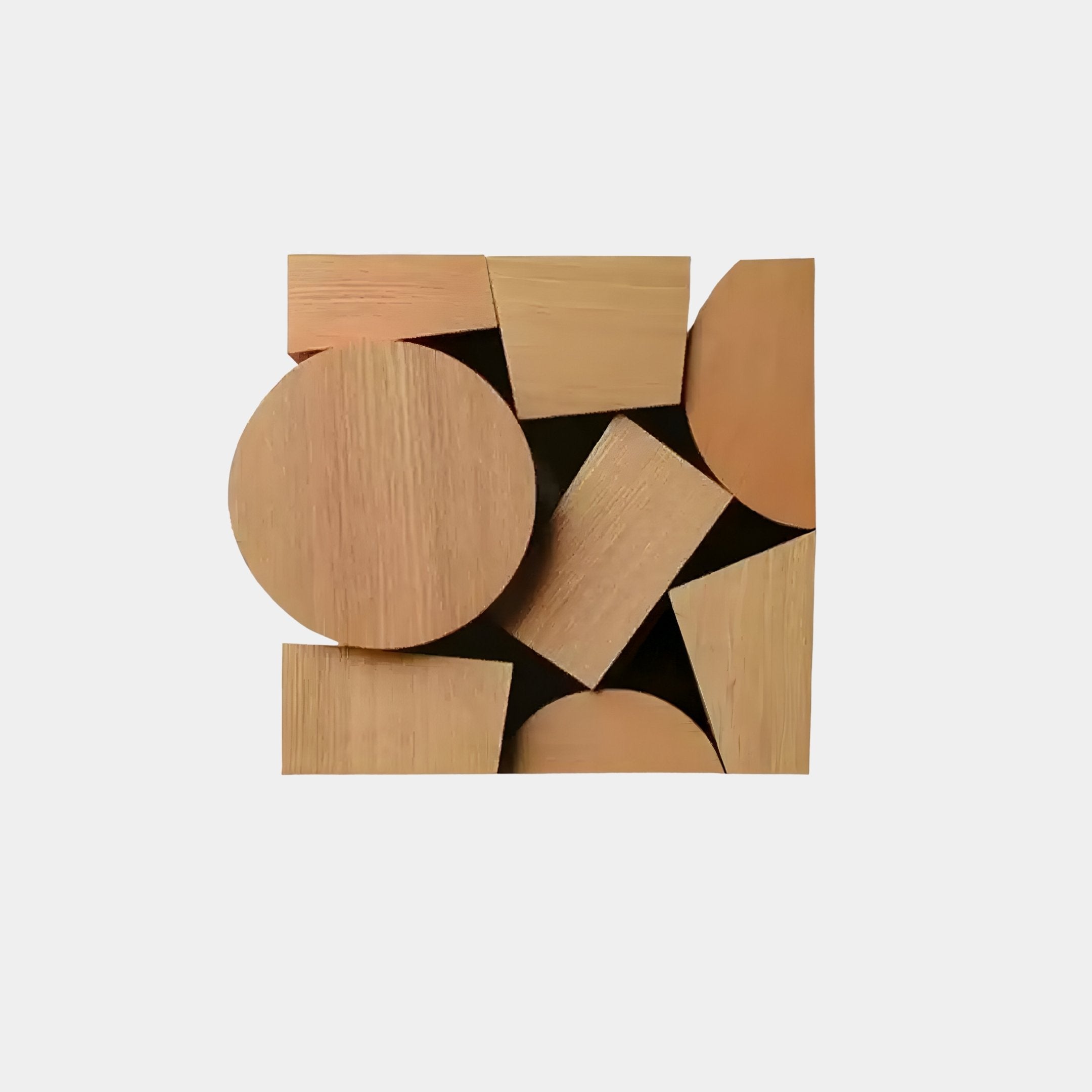 The Lignos Wooden Circles & Squares Geometric 3D Wall Art by Giant Sculptures features a compact arrangement of wooden geometric shapes, including circles, squares, and rectangles. With a light natural wood finish highlighting the grain on a white background, its ideal for minimalist decor.