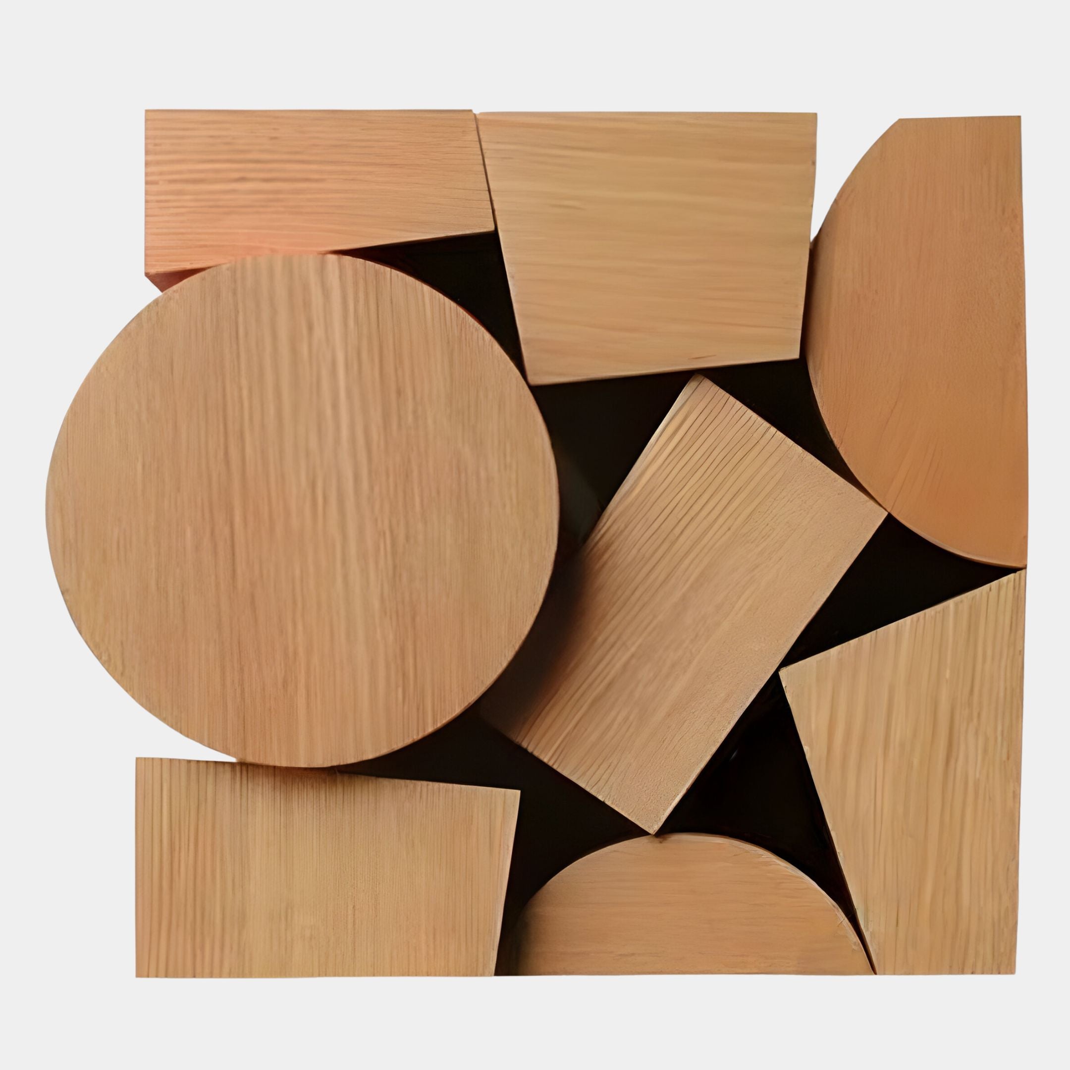 Lignos Wooden Circles & Squares Geometric 3D Wall Art by Giant Sculptures—closely arranged wooden shapes on white, perfect as modern natural wood decor.
