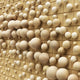 A beige wall features the Orbila Wooden Spheres Dynamic 3D Wall Art in an acrylic box by Giant Sculptures, showcasing a grid of wooden spheres. This modern design casts subtle shadows, adding texture and depth to its geometric arrangement.