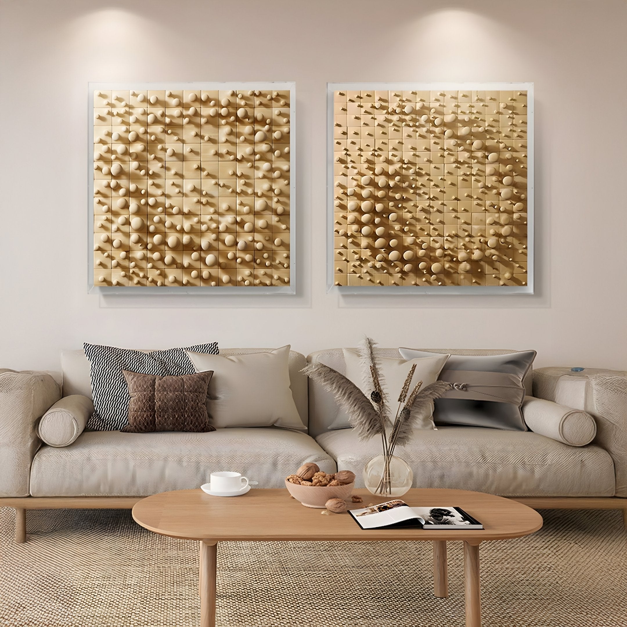 A modern living room features a light beige sofa with assorted cushions, a light wood coffee table decorated with dried plants and magazines, and two pieces of Orbila Wooden Spheres Dynamic 3D Wall Art by Giant Sculptures in gold tones enhancing the contemporary aesthetic.