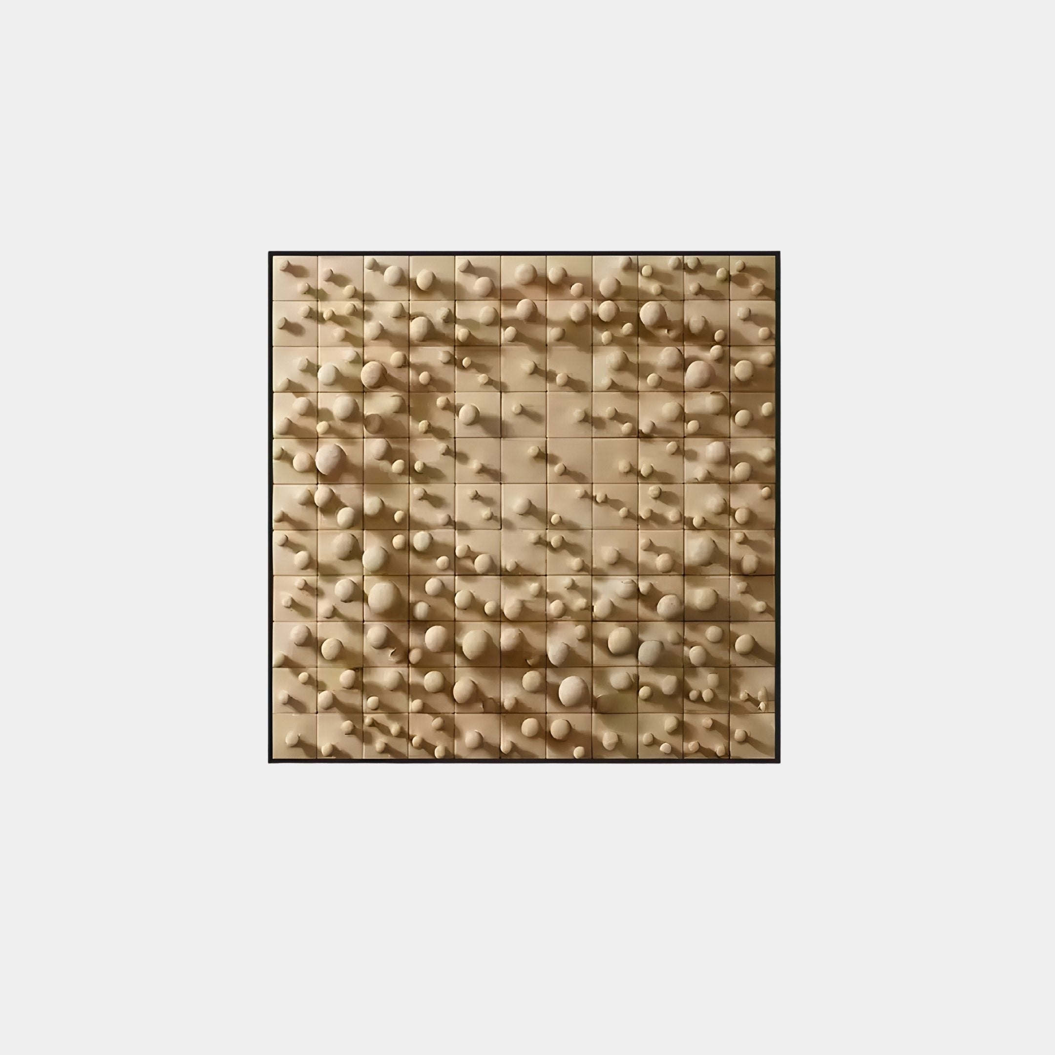 The Orbila Wooden Spheres Dynamic 3D Wall Art With Frame by Giant Sculptures features a grid of squares adorned with wooden spheres and conical shapes, casting intricate shadows on a light background. This piece seamlessly blends classic materials with modern design aesthetics.