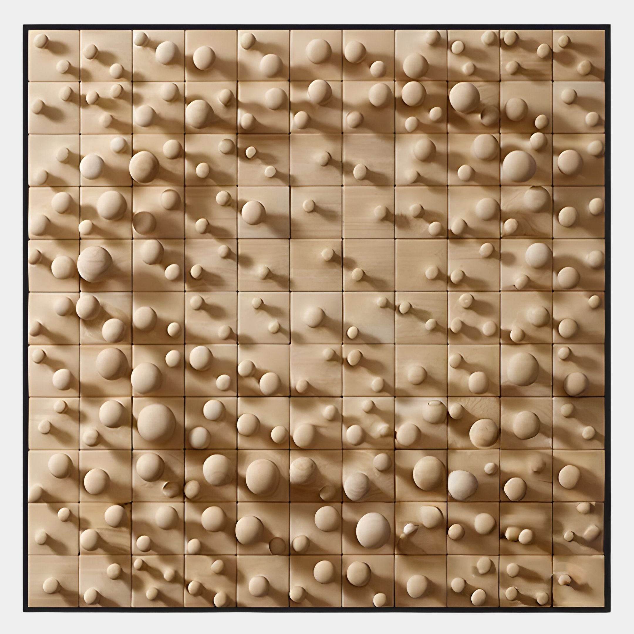 The Giant Sculptures Orbila Wooden Spheres Dynamic 3D Wall Art With Frame features a grid of wooden squares with attached spheres, creating modern geometric decor that plays with light and shadow for a bold, abstract effect.