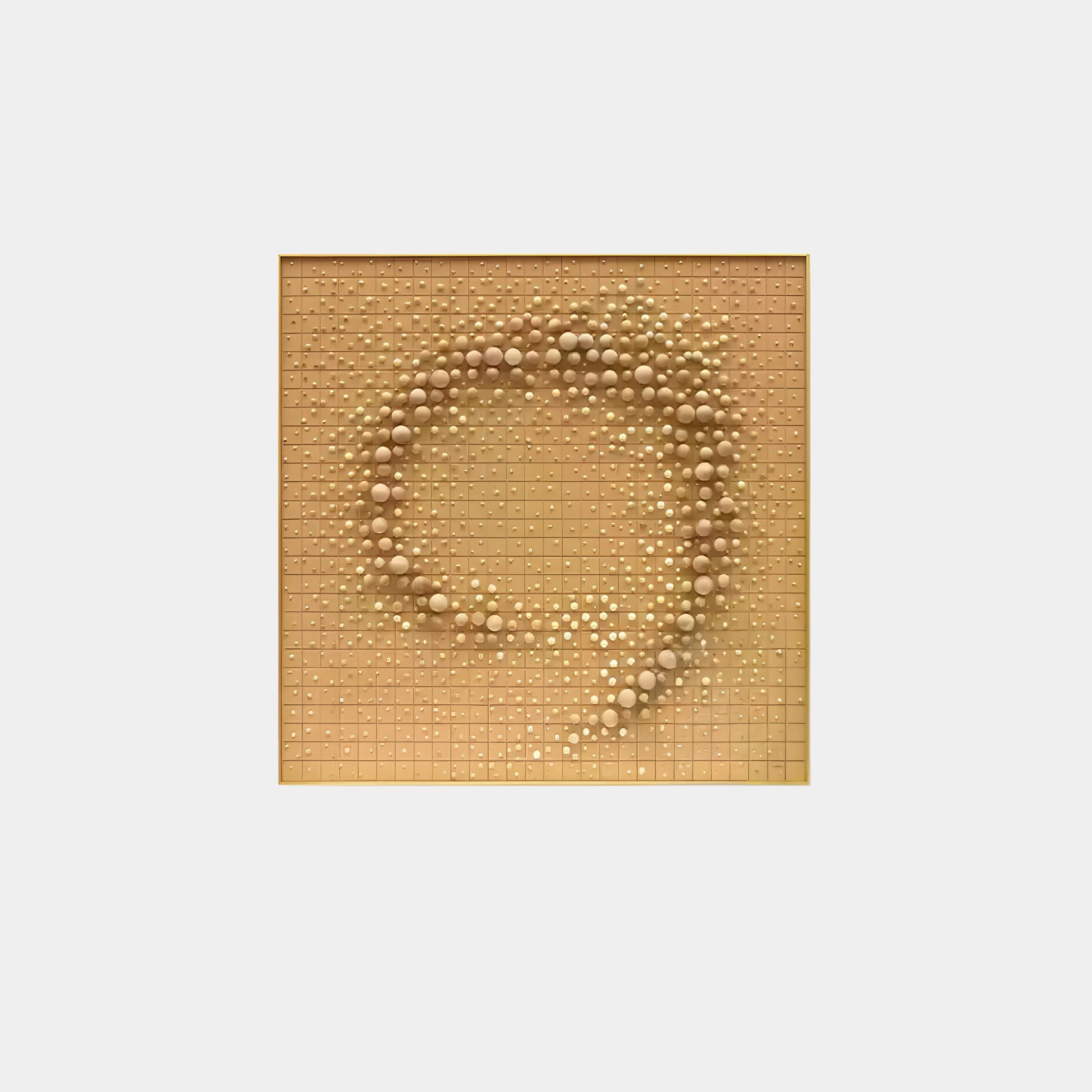 The Giant Sculptures Orbila Circular Motion Wooden Spheres 3D Wall Art With Frame features a modern square design displaying a grid of round beads, resembling wooden spheres in a captivating spiral on beige, creating an eye-catching swirl with an impressive 3D effect as the beads vary from small to large.