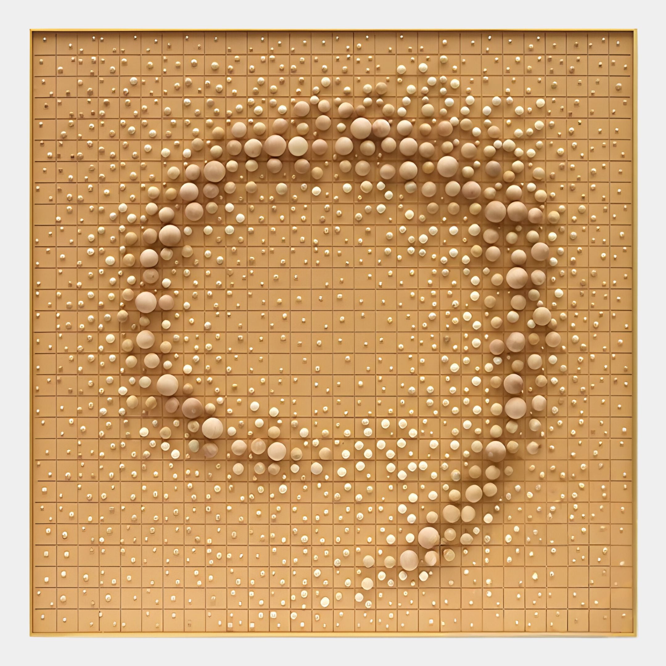 The Orbila Circular Motion Wooden Spheres 3D Wall Art With Frame by Giant Sculptures features a tan grid with raised wooden spheres in a swirling ring pattern, creating dynamic depth and movement across the striking wall art.