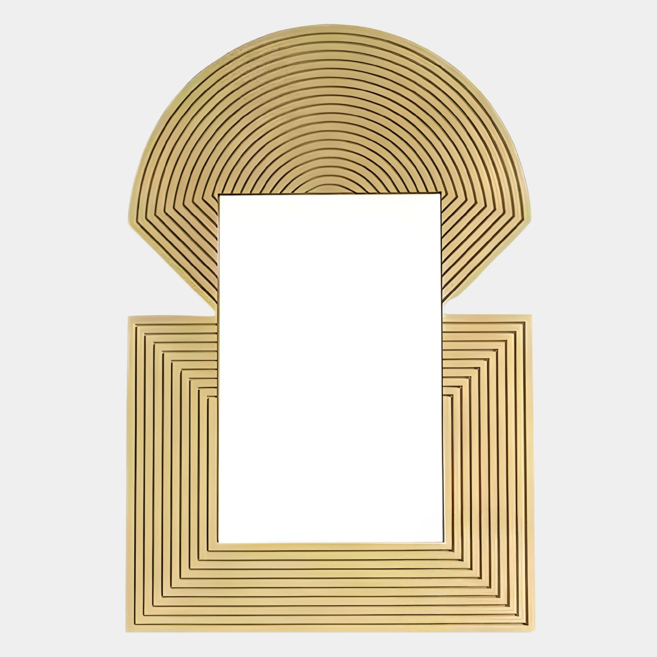 The Aurellis Gold Arch & Square Geometric Mirror Frame Wall Art by Giant Sculptures features a rectangular mirror with gold concentric lines and bold geometric patterns, making it a striking decorative accent for any space.