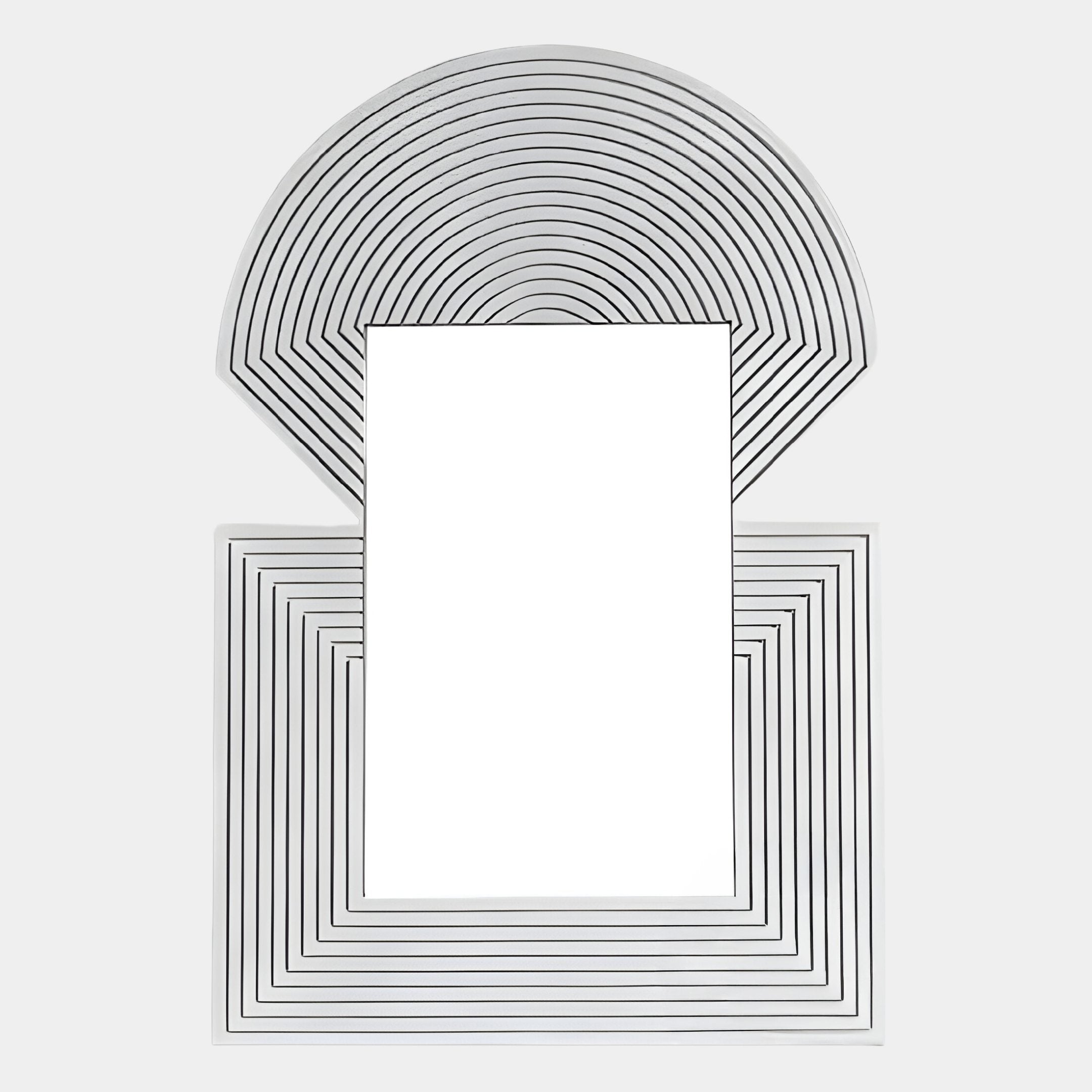 The Aurellis Silver Arch & Square Geometric Mirror Frame Wall Art by Giant Sculptures features a silver geometric mirror with a rectangular center, concentric semicircles and squares, all on a black-outlined white background.