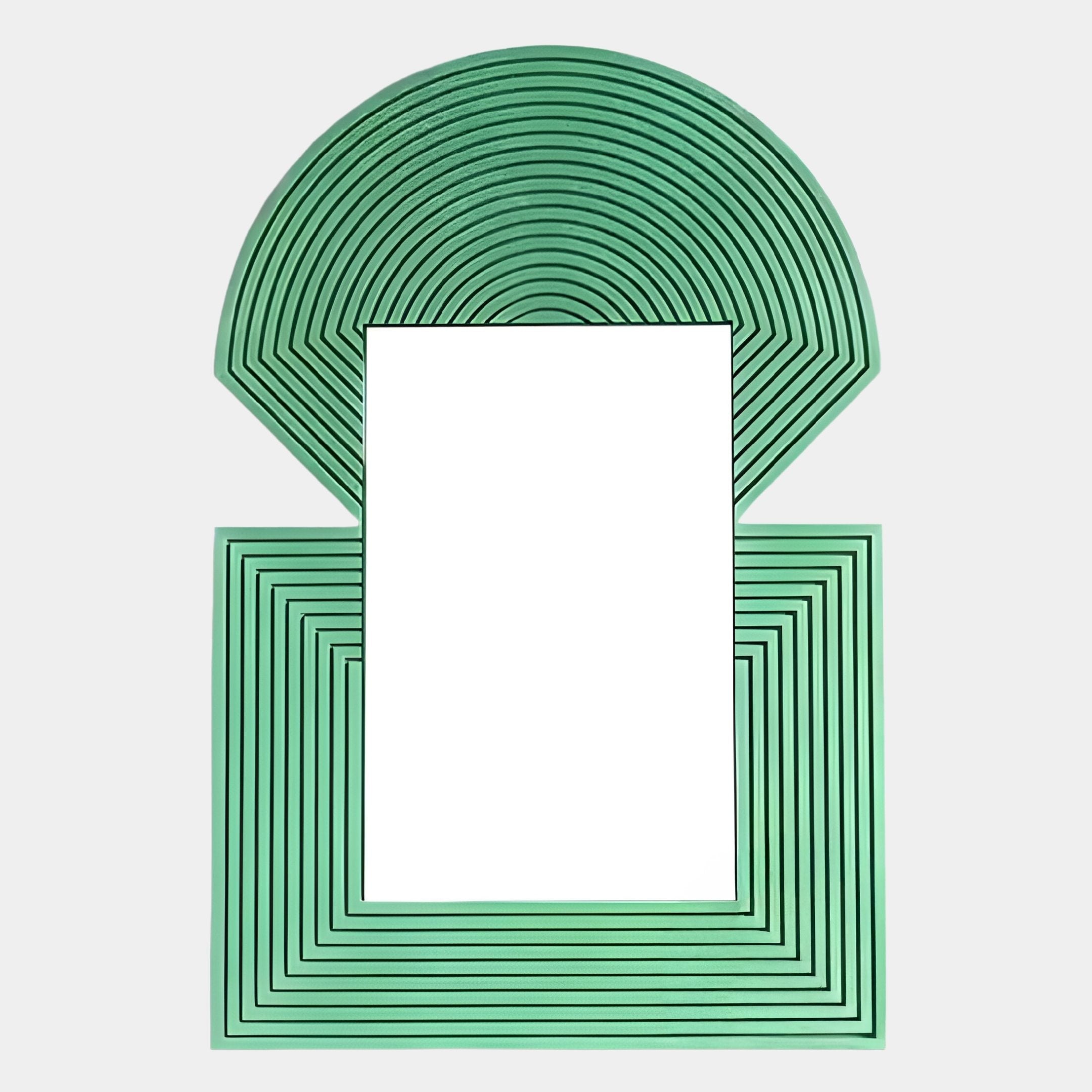 The Aurellis Green Arch & Square Geometric Mirror Frame Wall Art by Giant Sculptures features a modern design with layered green concentric rectangles below and a matching semi-circular top—perfect as unique wall art.