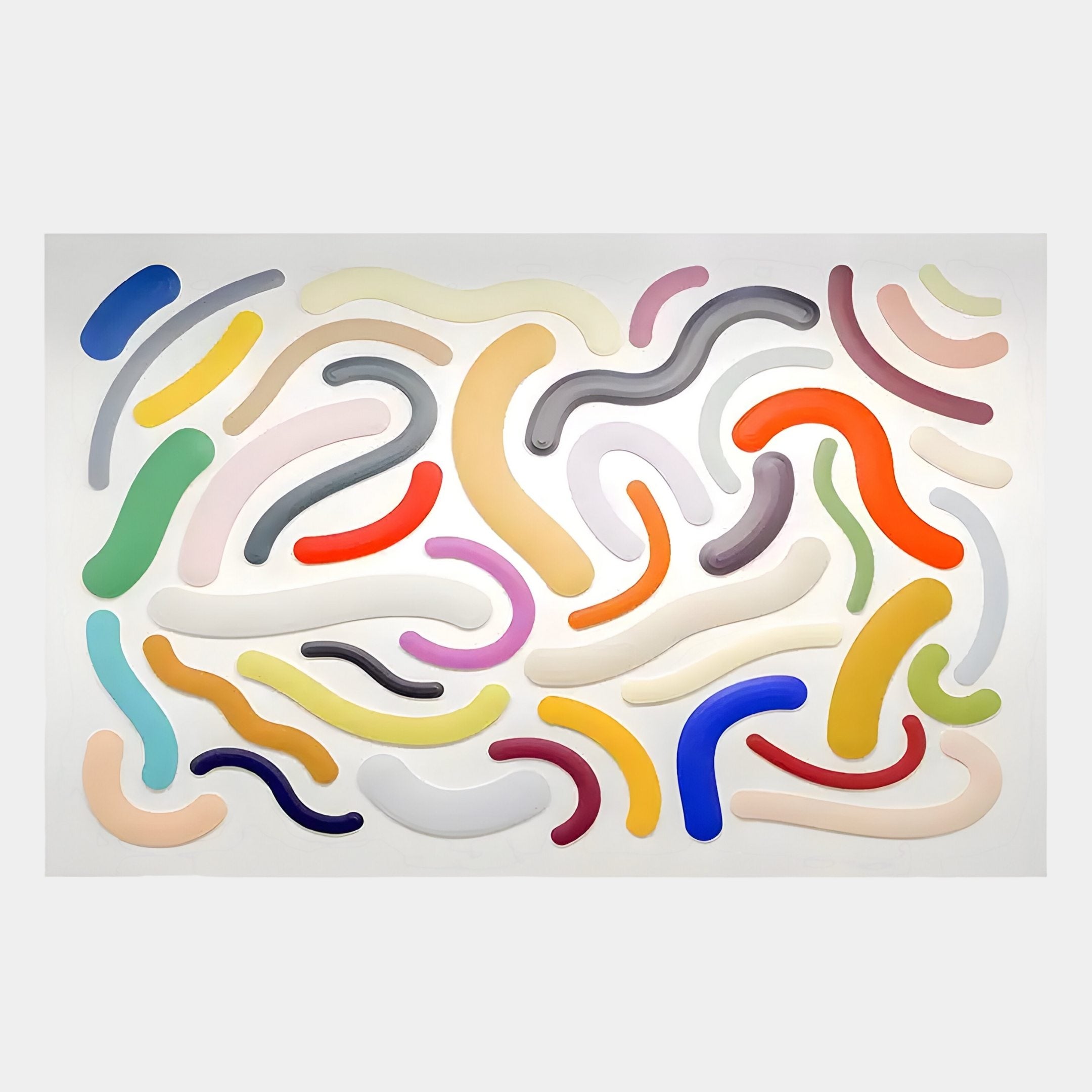 Giant Sculptures Chromisma Multicolour Abstract Curves Hand-Painted 3D Wall Art showcases vibrant abstract curves and blob-like shapes in blue, yellow, pink, green, red, and gray on a white background.