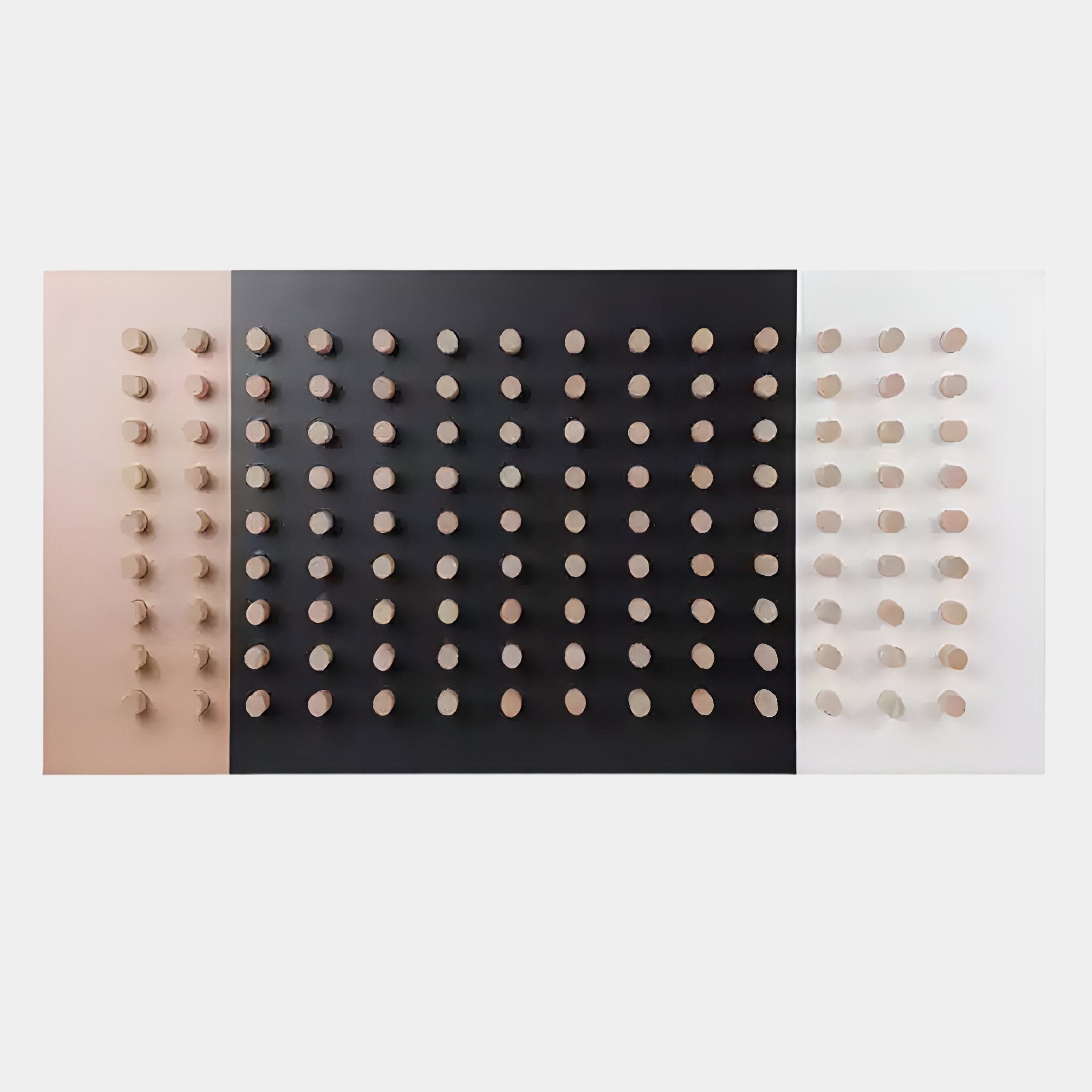 The Contrasto Black, White & Beige Geometric 3D Wooden Wall Art by Giant Sculptures features a grid of small cylinders on a three-tone background, casting soft shadows—ideal geometric decor for modern spaces.