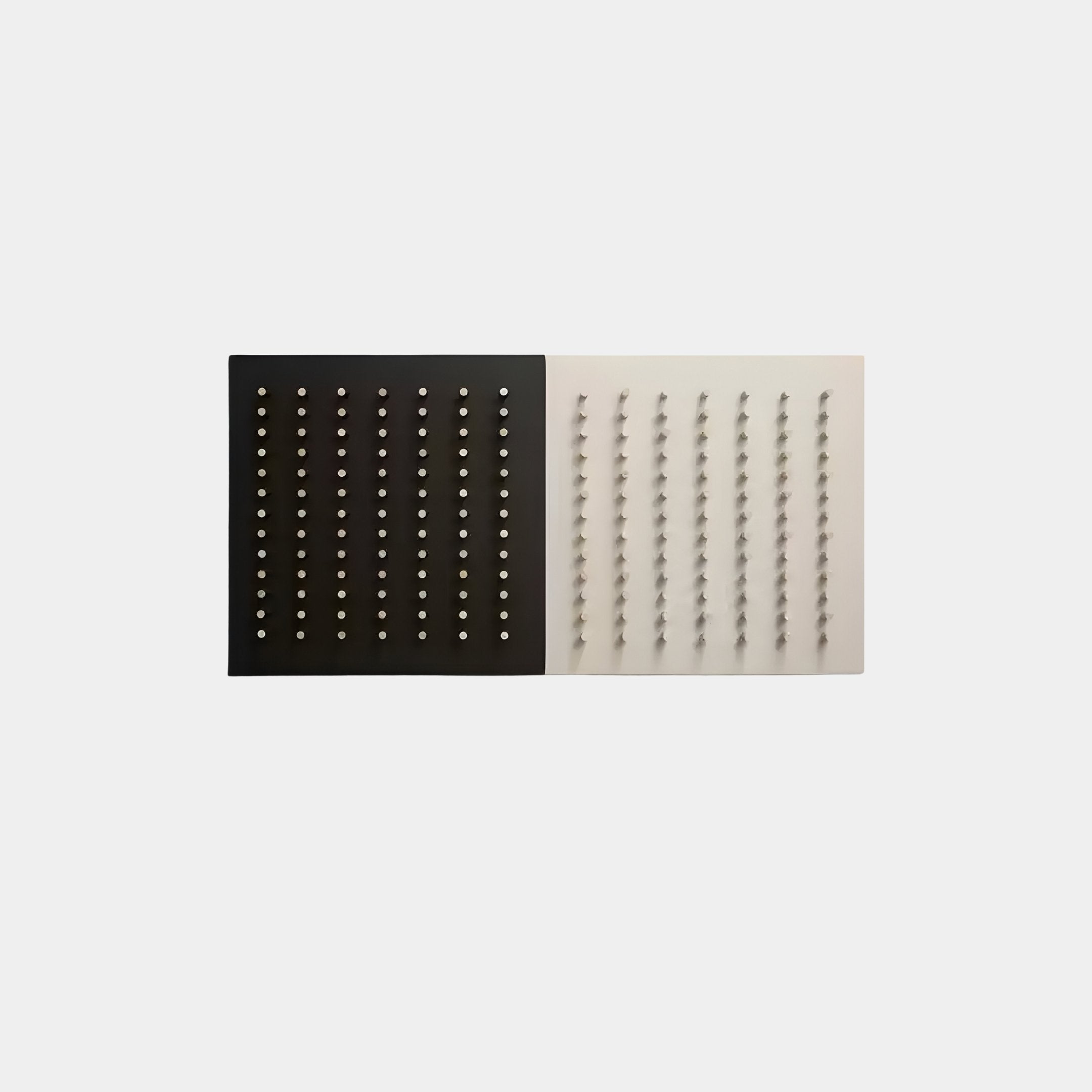 The Contrasto Dual-Tone Geometric 3D Wooden Wall Art by Giant Sculptures features a black side with small spheres and a white side with a grid of curves, highlighting texture and pattern contrasts. Its an ideal addition to contemporary interior decor.