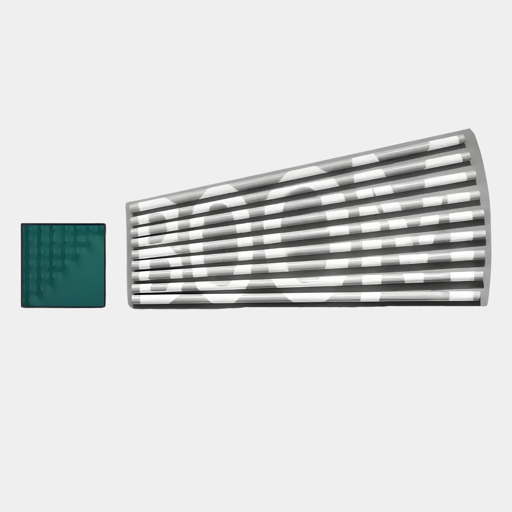 The Illustra Teal Highlight BOOM Text 3D Wooden Wall Art by Giant Sculptures features a green square and a white cone with bold, distorted “BOOM” text and horizontal lines, set on a plain white background.