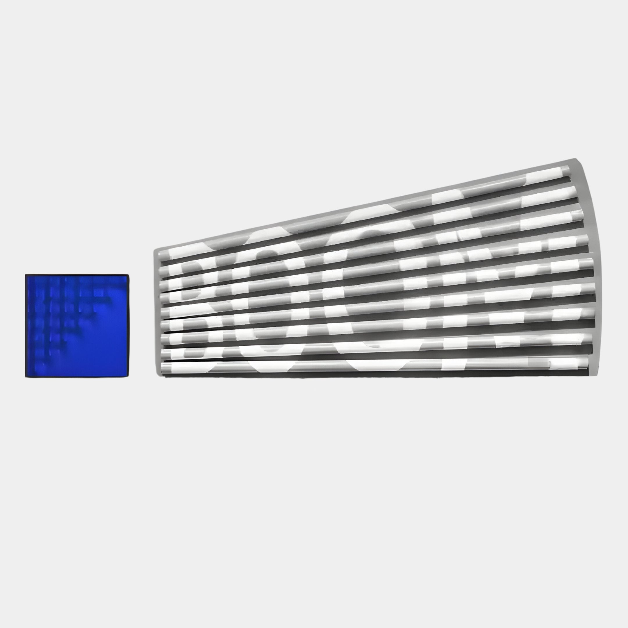 The Illustra Deep Blue Highlight BOOM Text 3D Wooden Wall Art by Giant Sculptures features a blue, bump-textured square and bold BOOM typography, showcased together against a plain white background.