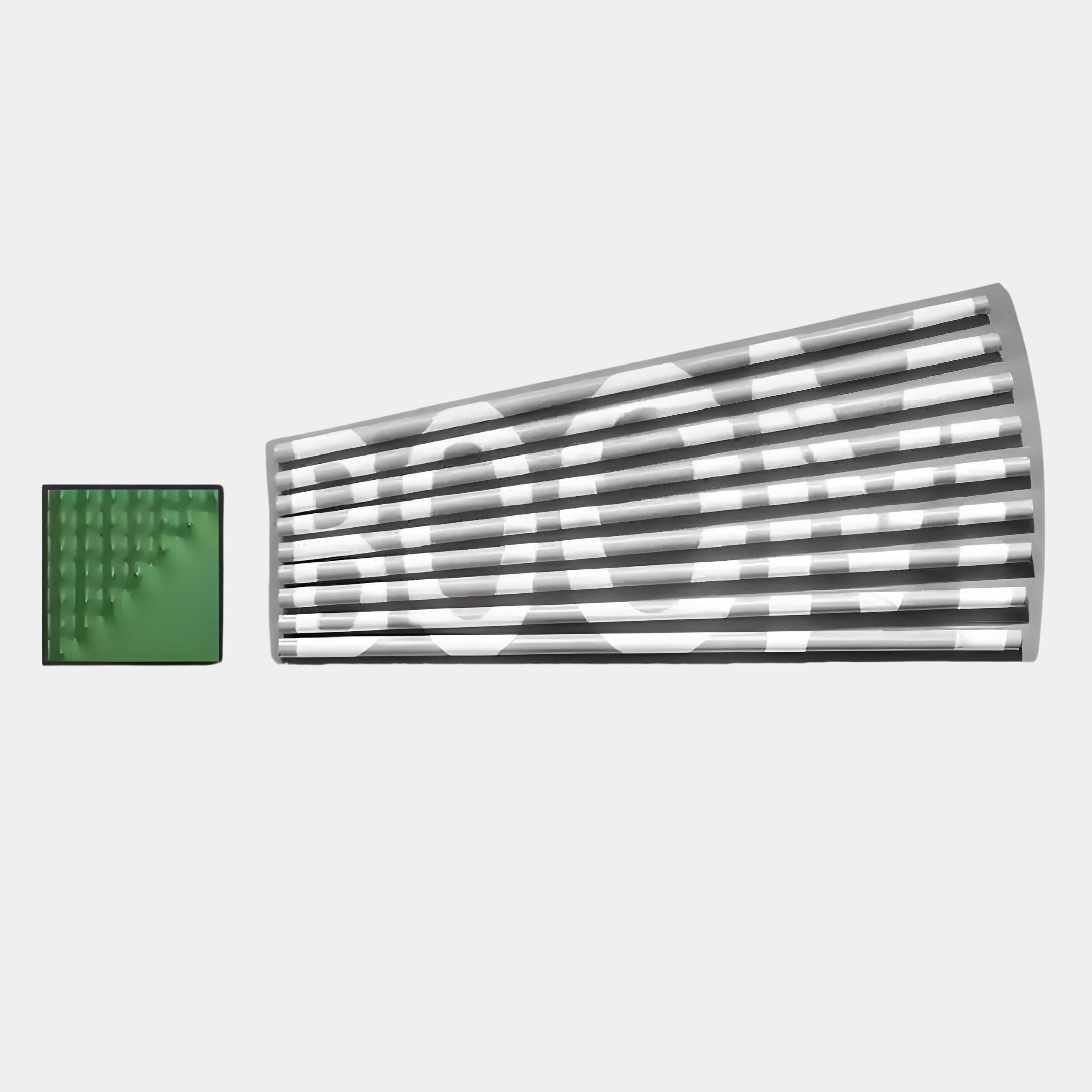 Illustra Green Highlight BOOM Text 3D Wooden Wall Art by Giant Sculptures features a green, bumpy square beside a cylinder with bold, distorted white BOOM typography stretched across its modern design.