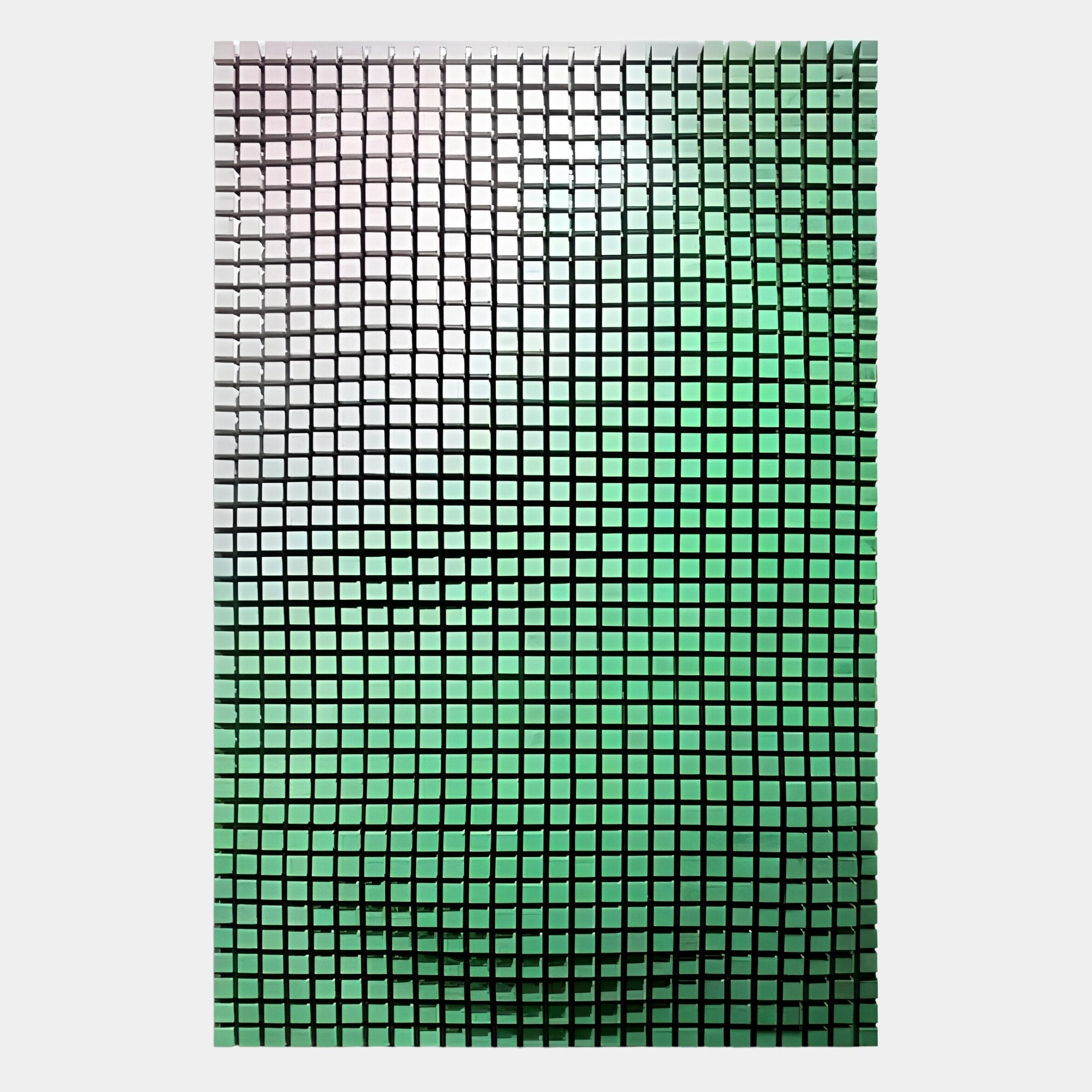 A grid of raised, reflective square tiles forms a wavy pattern—like Giant Sculptures Reflexion Green Gradient Cube Mosaic 3D Wooden Wall Art—shifting from white to green with striking geometric precision.