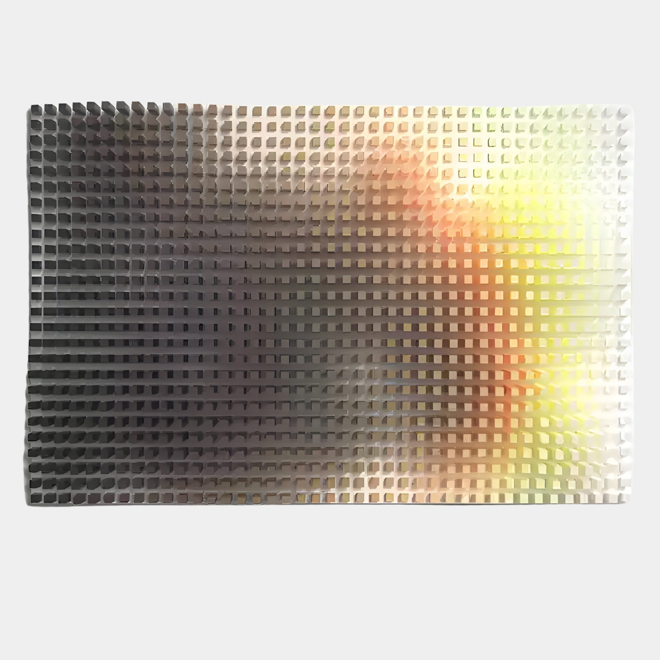 The Wavluxe Gradient Sunset Glow Wood Mosaic 3D Wall Art by Giant Sculptures features a rectangular grid of raised square blocks in gray, brown, yellow, and orange tones, creating a sunset-inspired mosaic on a white background.