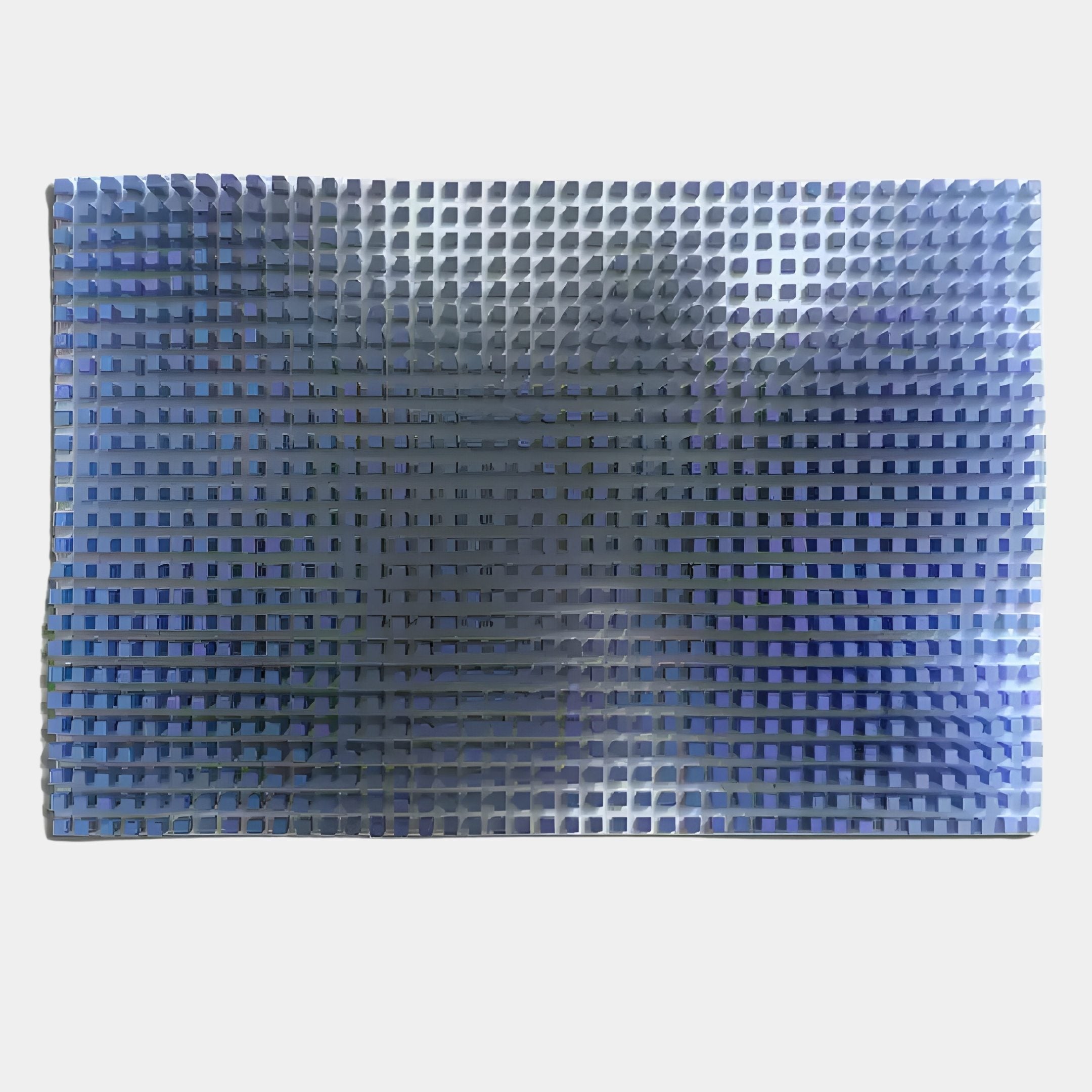 The Wavluxe Gradient Blue Wood Mosaic 3D Wall Art by Giant Sculptures features raised blue and black pegs in a geometric grid, creating a striking optical illusion with dynamic light and shadow for unique wall decor.