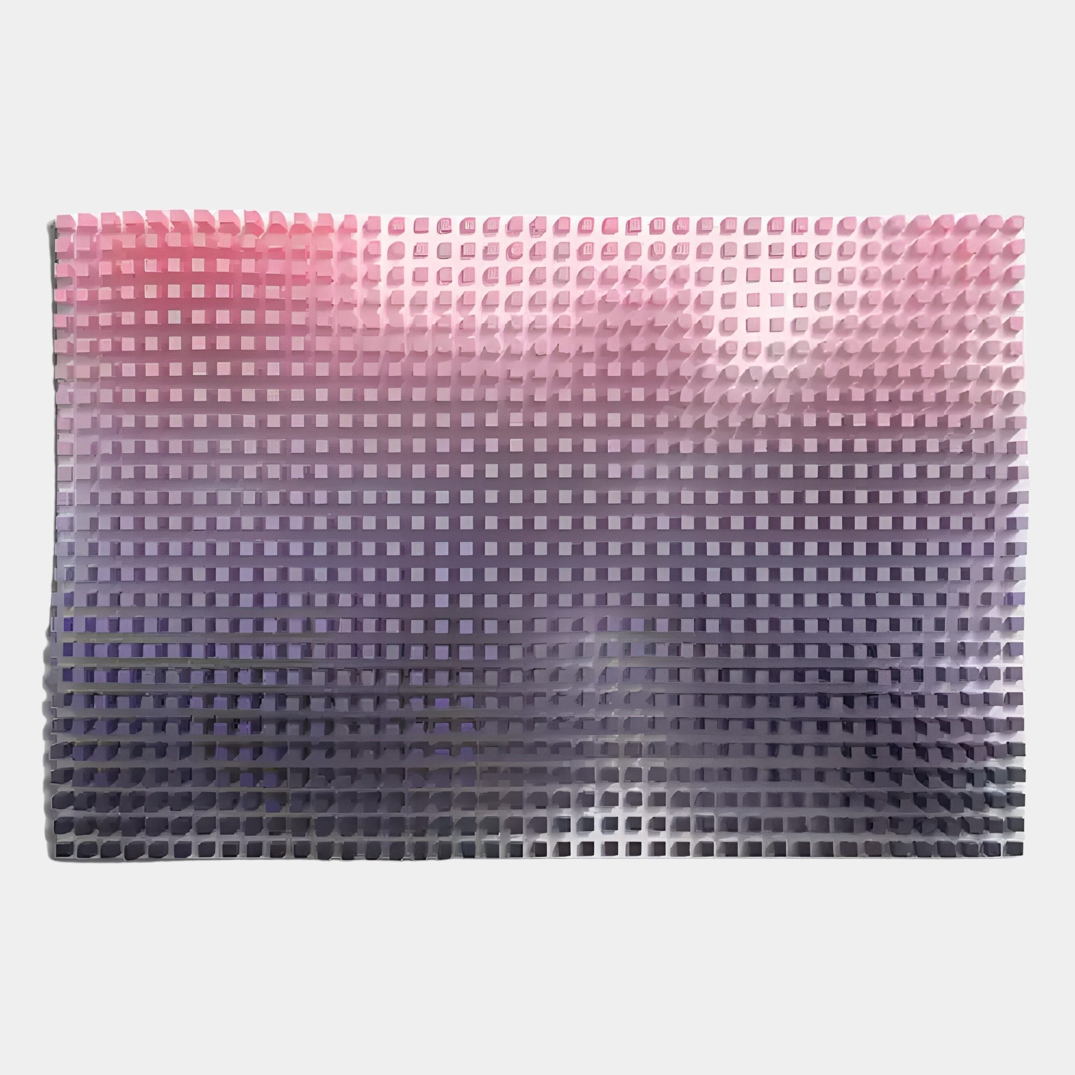The Wavluxe Gradient Pink & Purple Wood Mosaic 3D Wall Art by Giant Sculptures features a grid of raised squares, transitioning from vibrant reds to soft gray, highlighting modern craftsmanship on a plain white background.